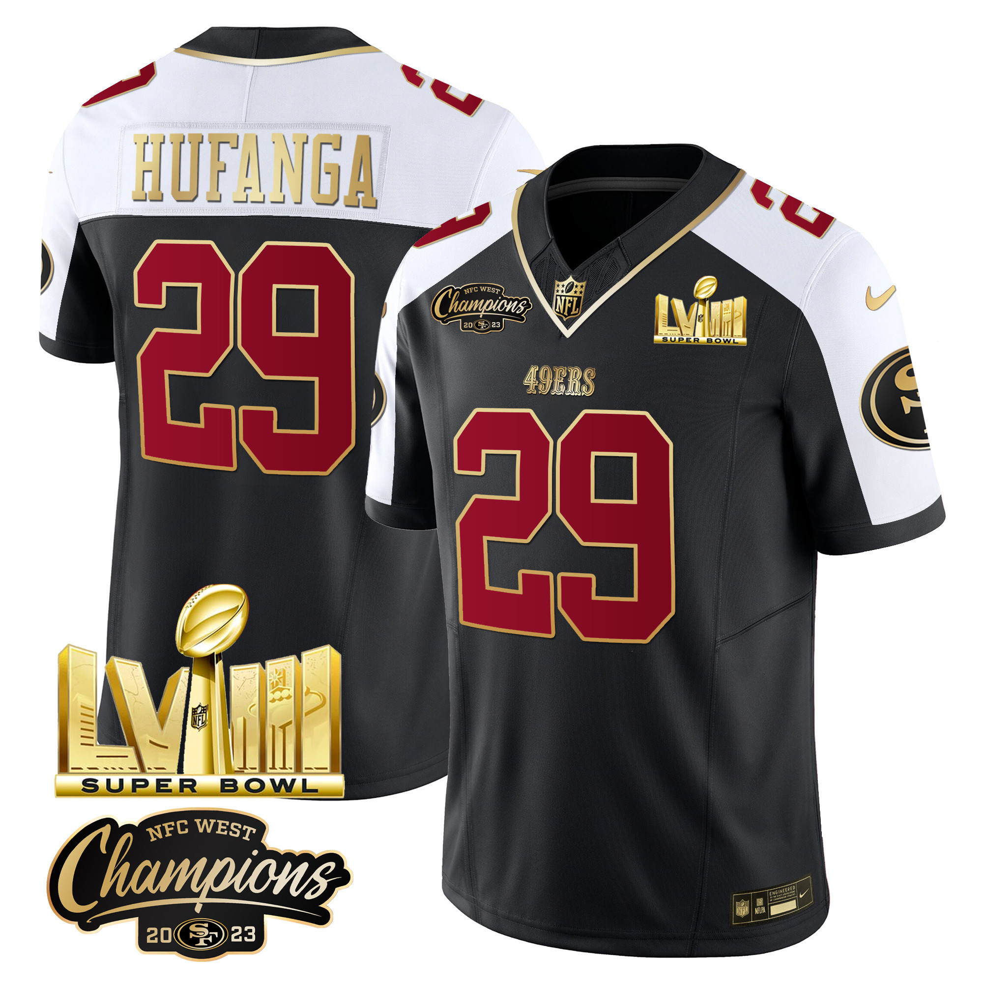 Men's 49ers NFC West Champions & Super Bowl LVIII Gold Patch Vapor Jersey V2 - All Stitched - Image 10