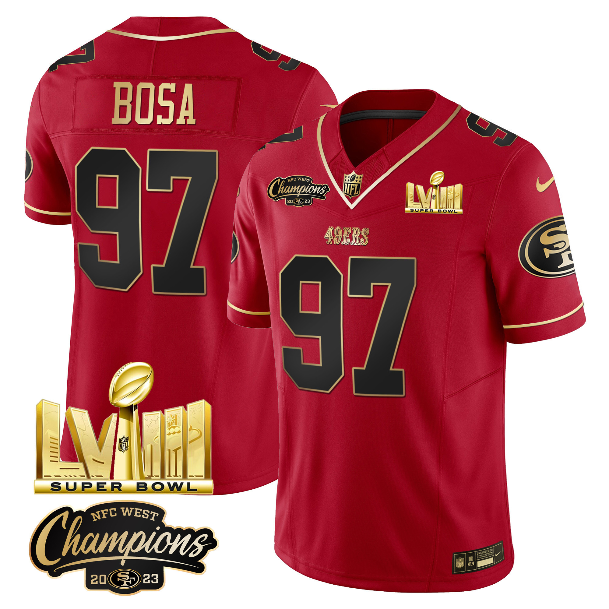 Men's 49ers NFC West Champions & Super Bowl LVIII Gold Patch Vapor Jersey V2 - All Stitched - Image 27