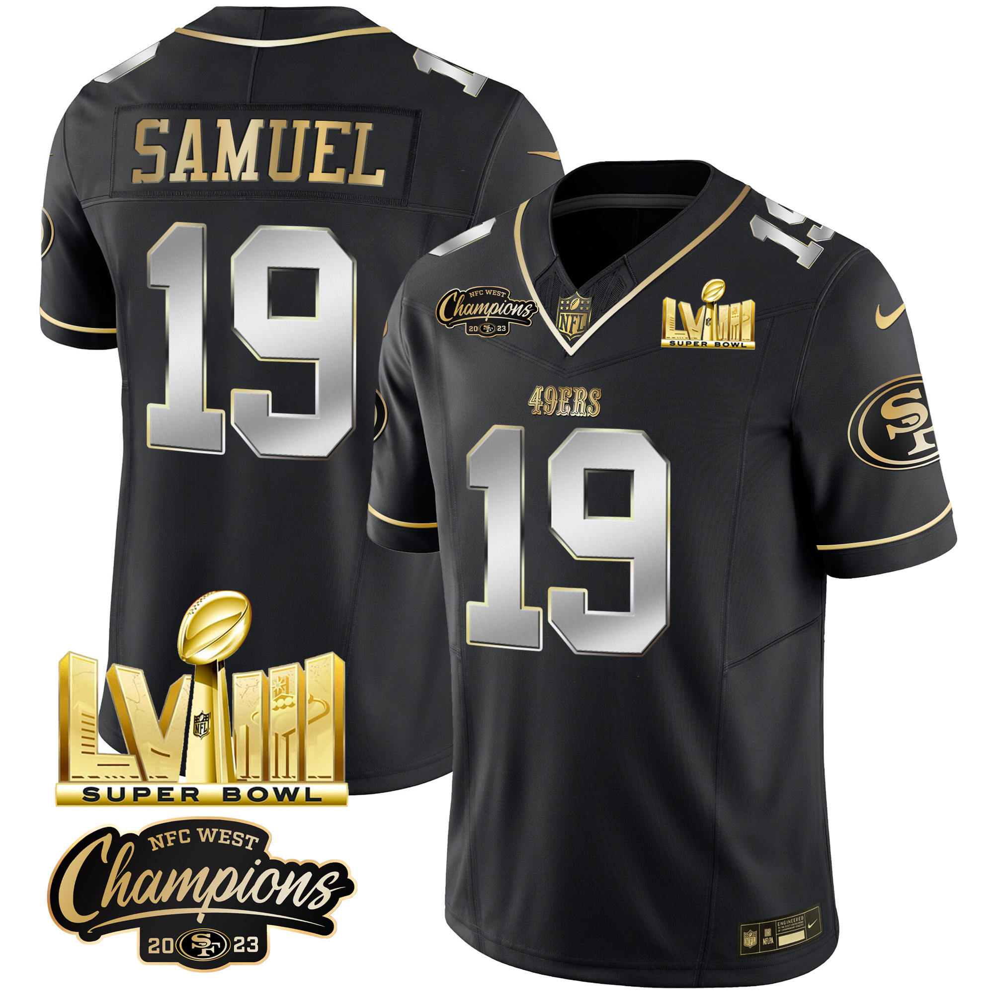 Men's 49ers NFC West Champions & Super Bowl LVIII Gold Patch Vapor Jersey V2 - All Stitched - Image 32