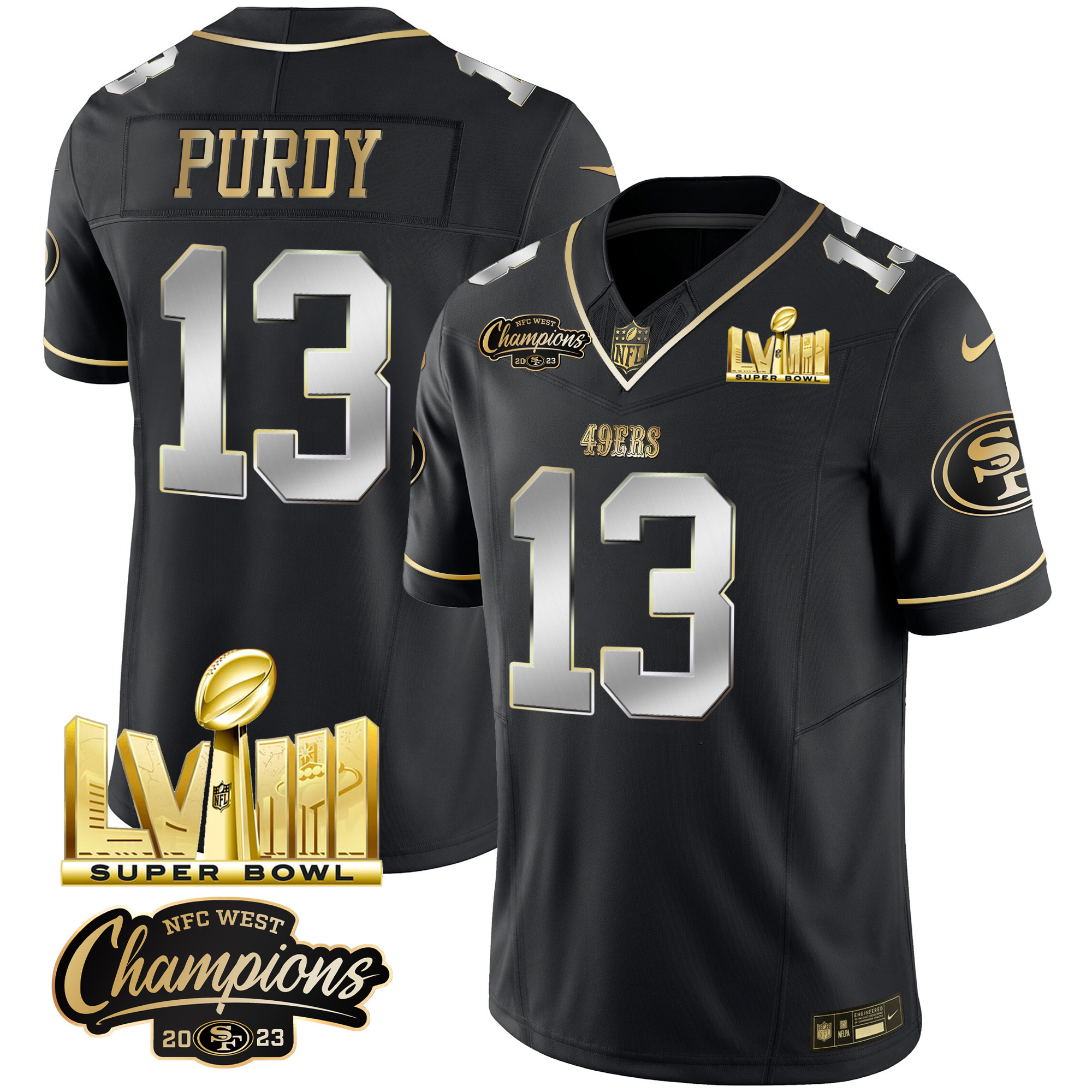 Men's 49ers NFC West Champions & Super Bowl LVIII Gold Patch Vapor Jersey V2 - All Stitched - Image 33