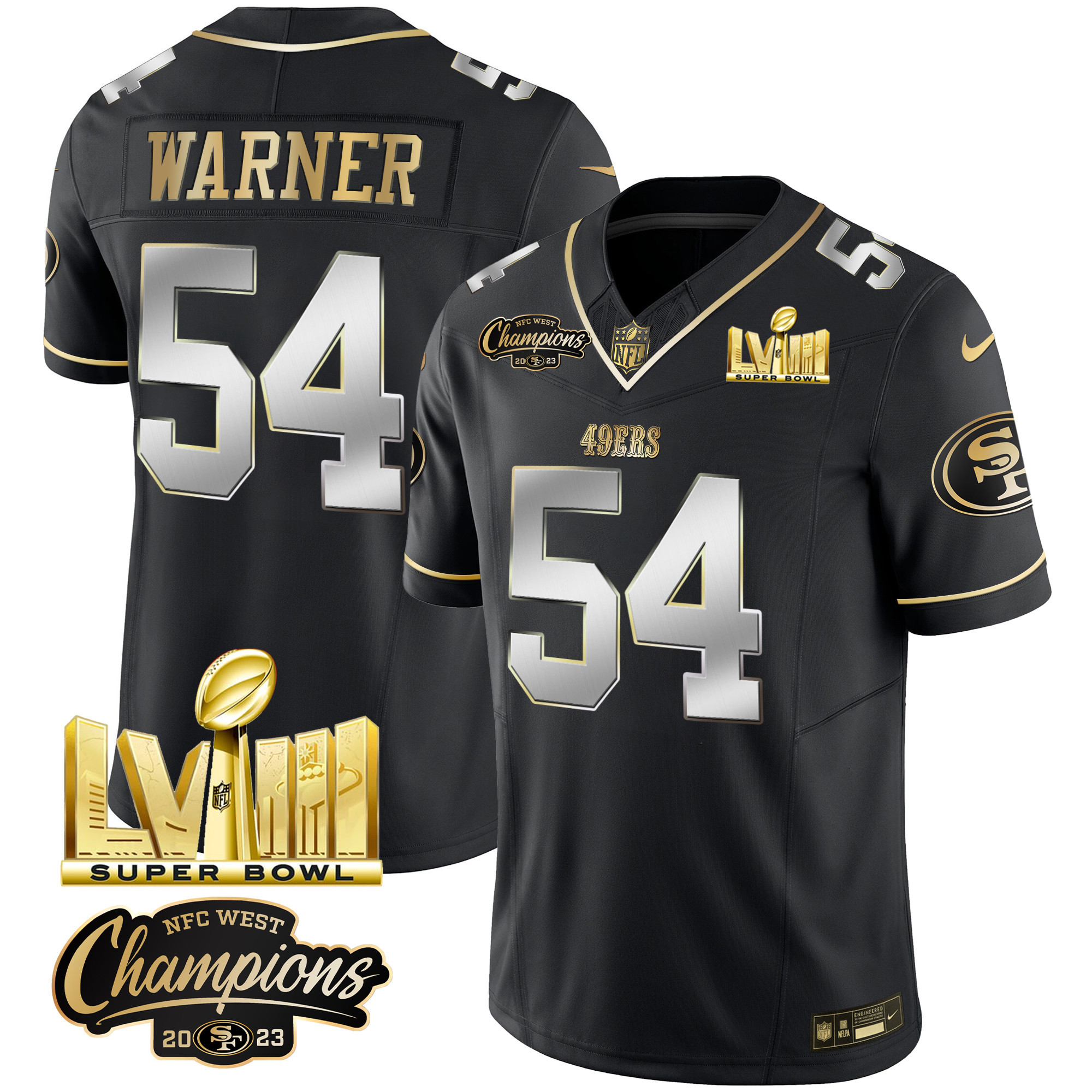 Men's 49ers NFC West Champions & Super Bowl LVIII Gold Patch Vapor Jersey V2 - All Stitched - Image 35