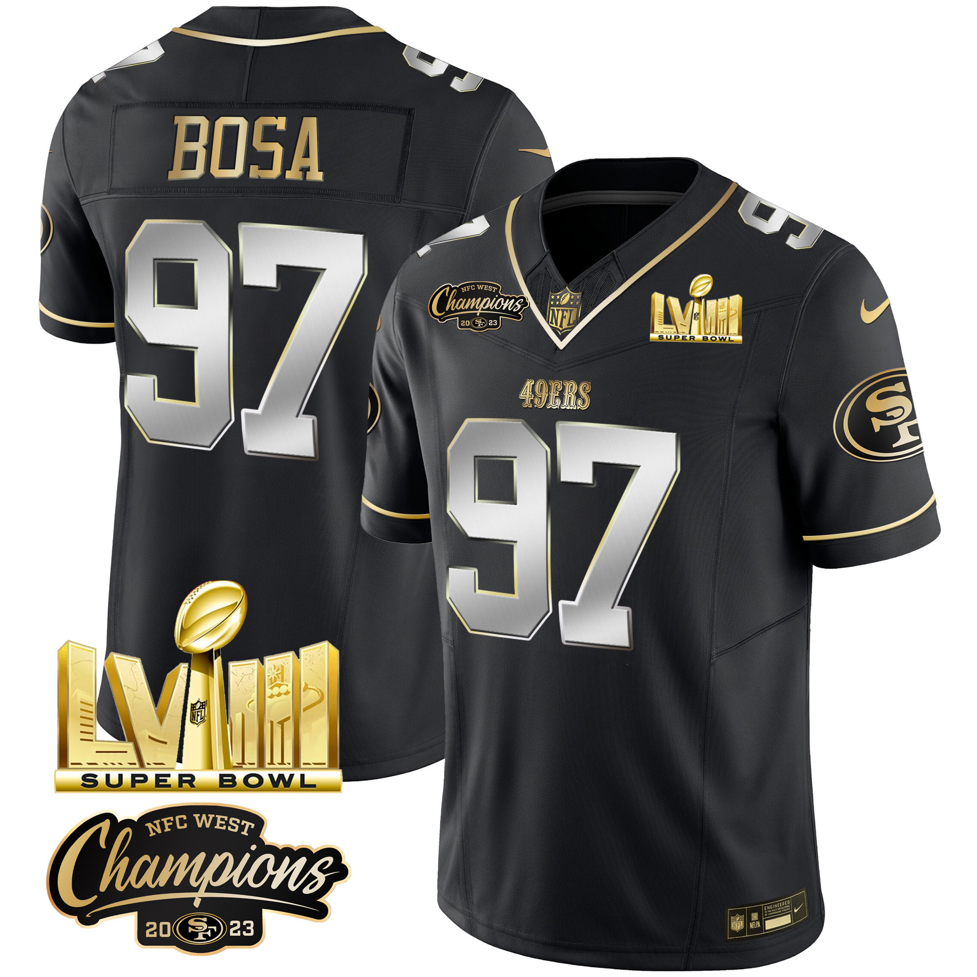 Men's 49ers NFC West Champions & Super Bowl LVIII Gold Patch Vapor Jersey V2 - All Stitched - Image 37