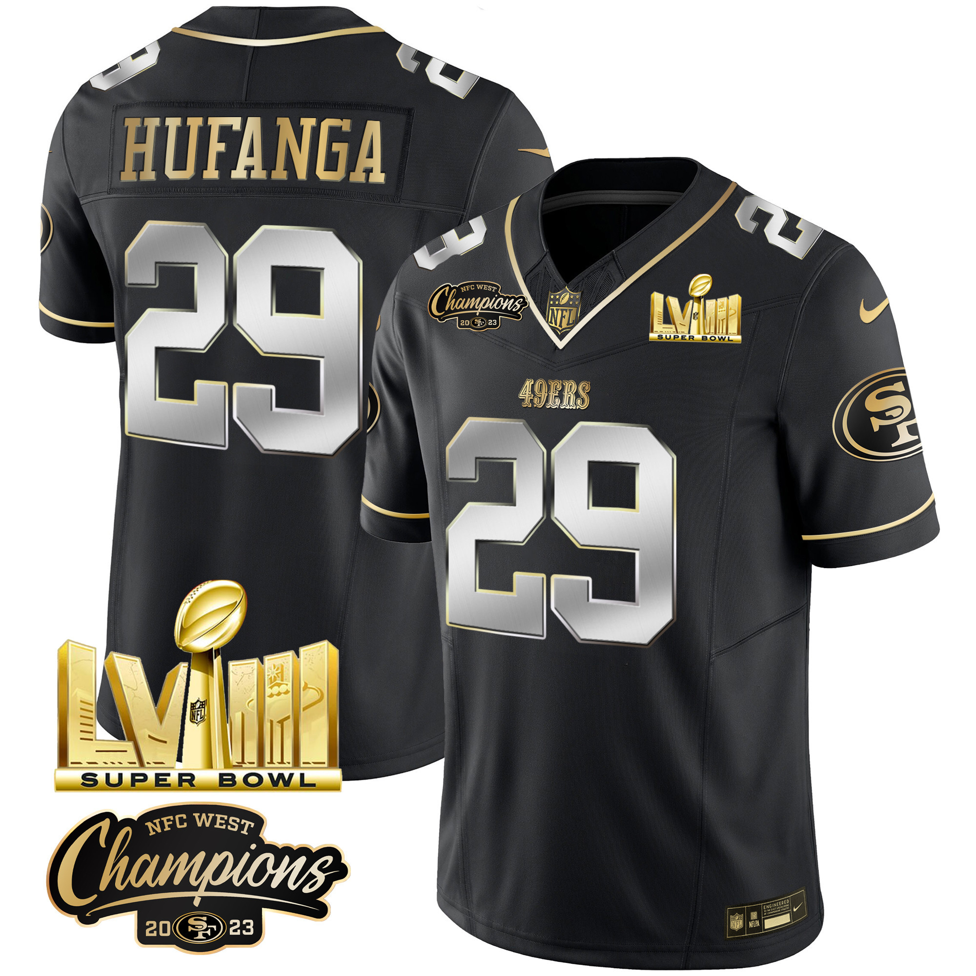 Men's 49ers NFC West Champions & Super Bowl LVIII Gold Patch Vapor Jersey V2 - All Stitched - Image 40