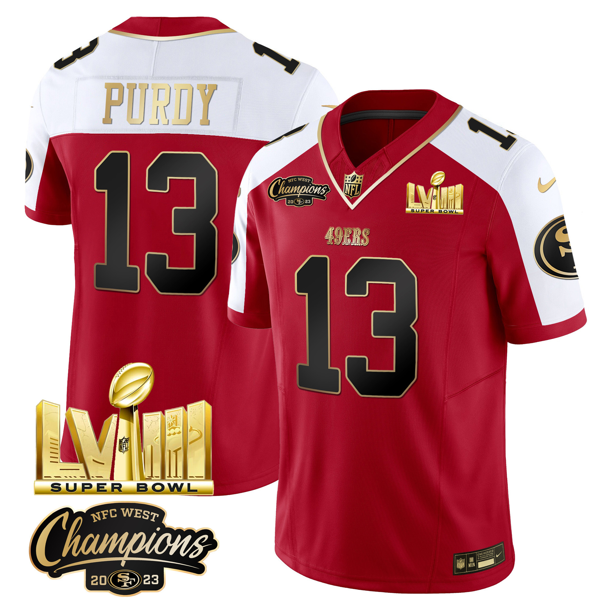 Men's 49ers NFC West Champions & Super Bowl LVIII Gold Patch Vapor Jersey V2 - All Stitched - Image 43
