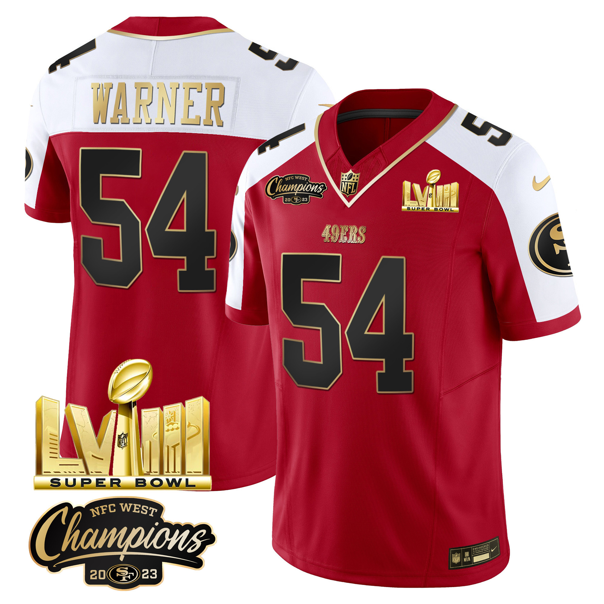 Men's 49ers NFC West Champions & Super Bowl LVIII Gold Patch Vapor Jersey V2 - All Stitched - Image 45