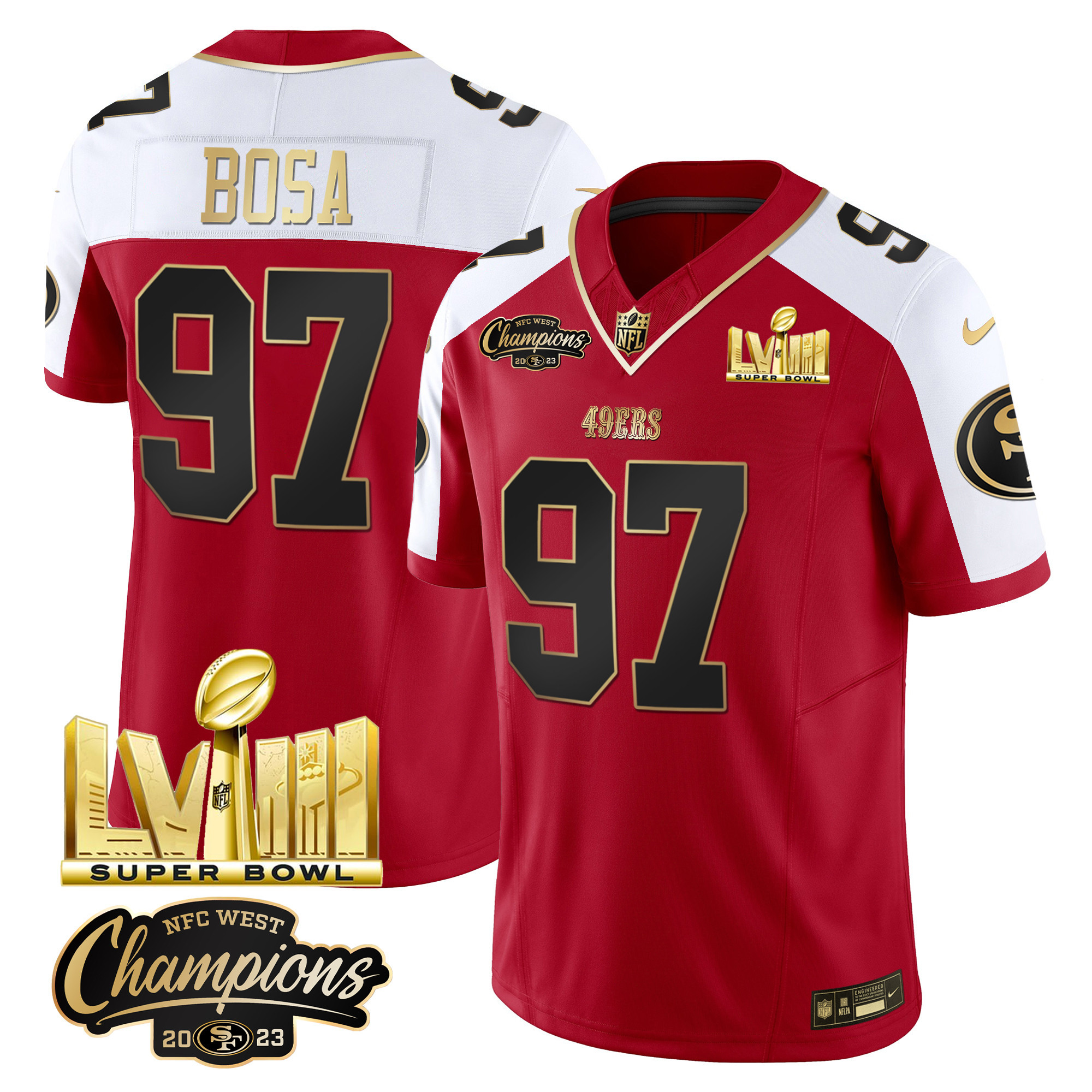Men's 49ers NFC West Champions & Super Bowl LVIII Gold Patch Vapor Jersey V2 - All Stitched - Image 47