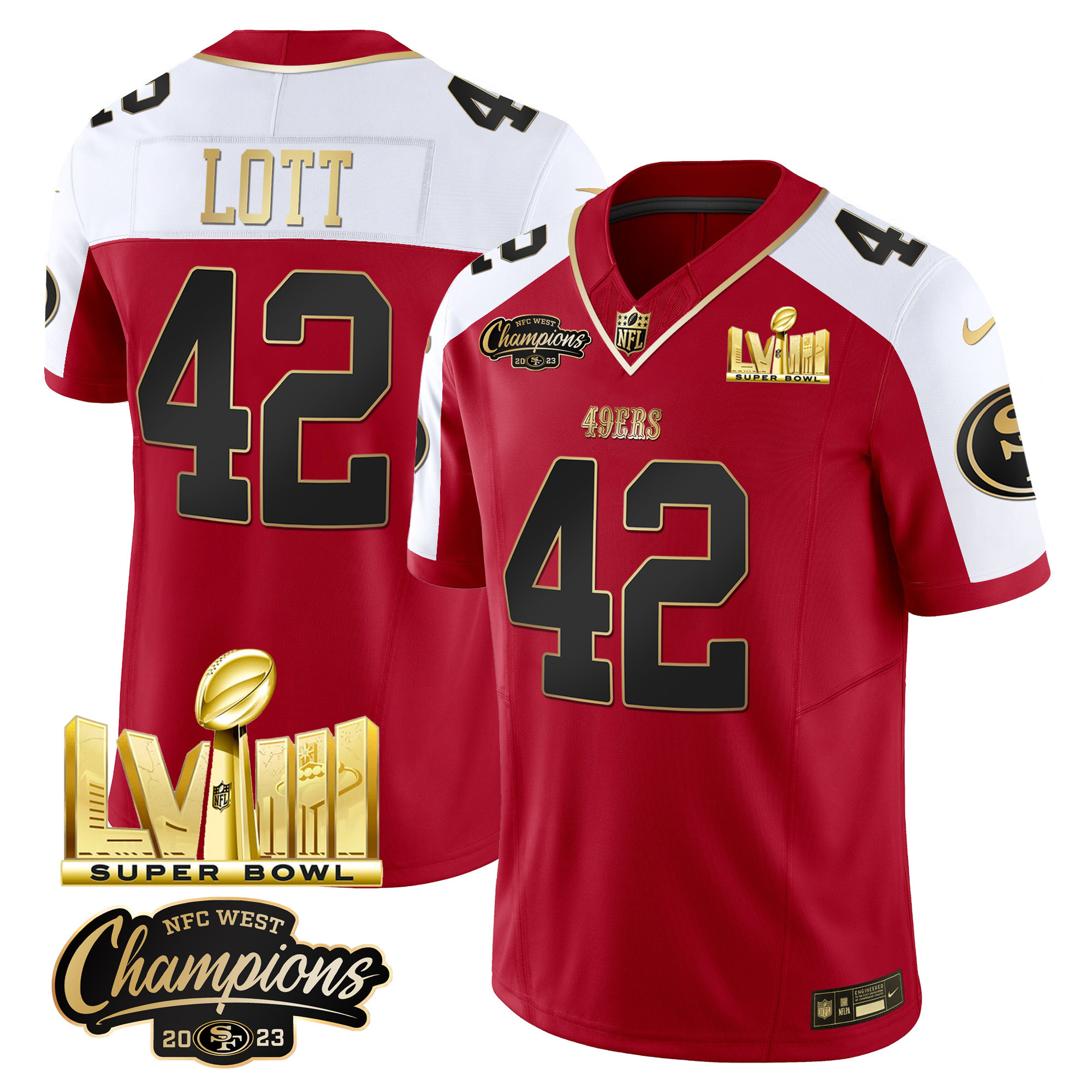 Men's 49ers NFC West Champions & Super Bowl LVIII Gold Patch Vapor Jersey V2 - All Stitched - Image 49