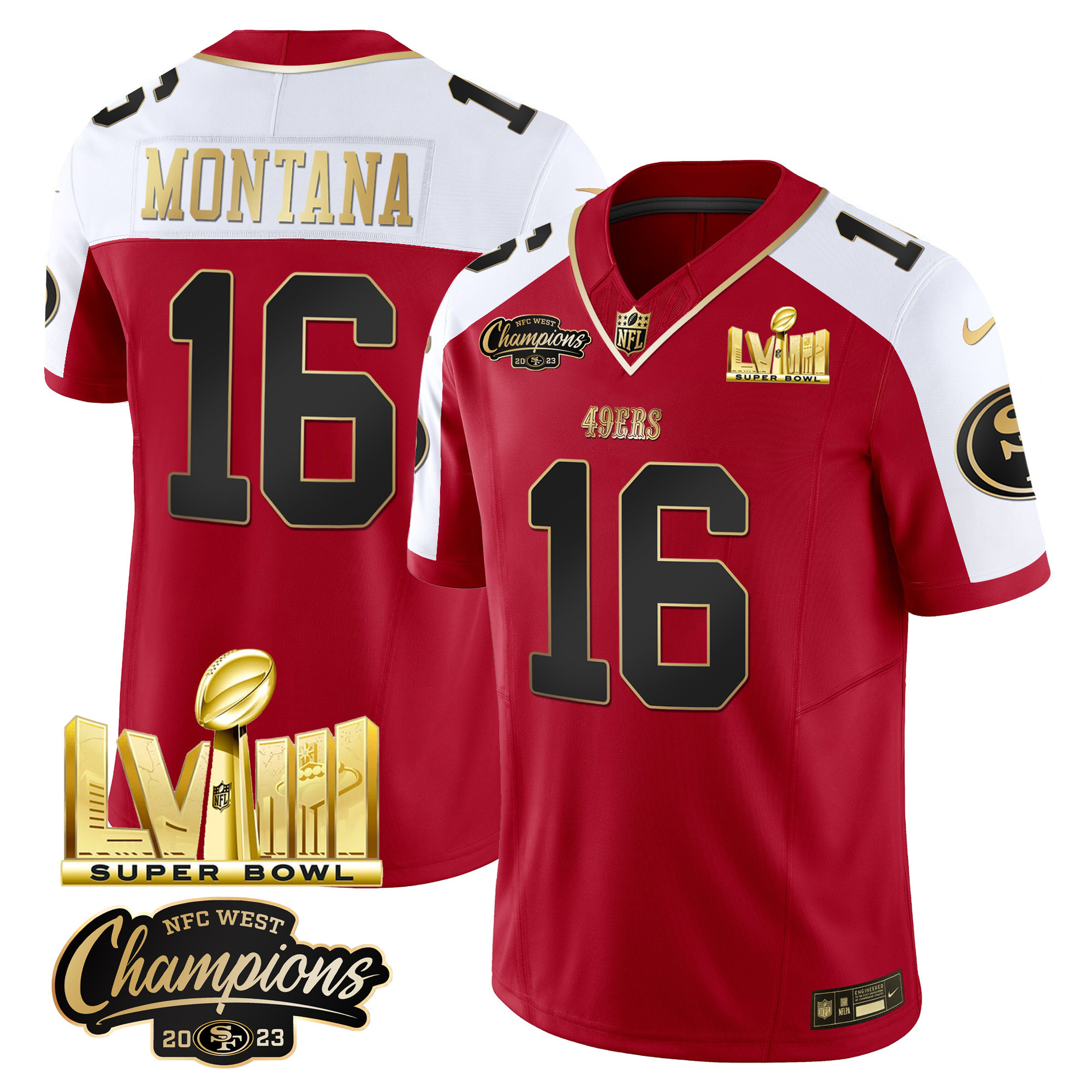 Men's 49ers NFC West Champions & Super Bowl LVIII Gold Patch Vapor Jersey V2 - All Stitched - Image 48