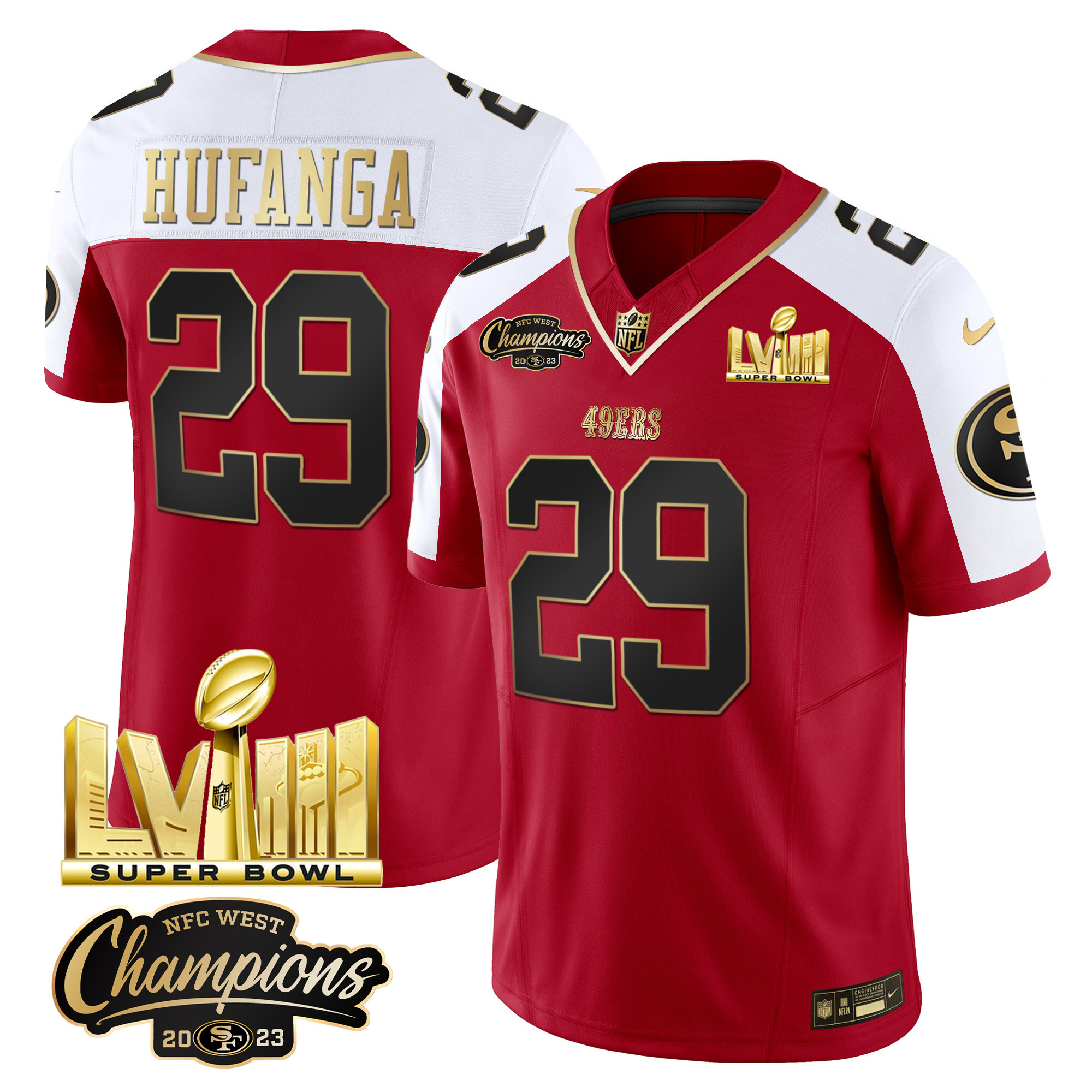 Men's 49ers NFC West Champions & Super Bowl LVIII Gold Patch Vapor Jersey V2 - All Stitched - Image 50