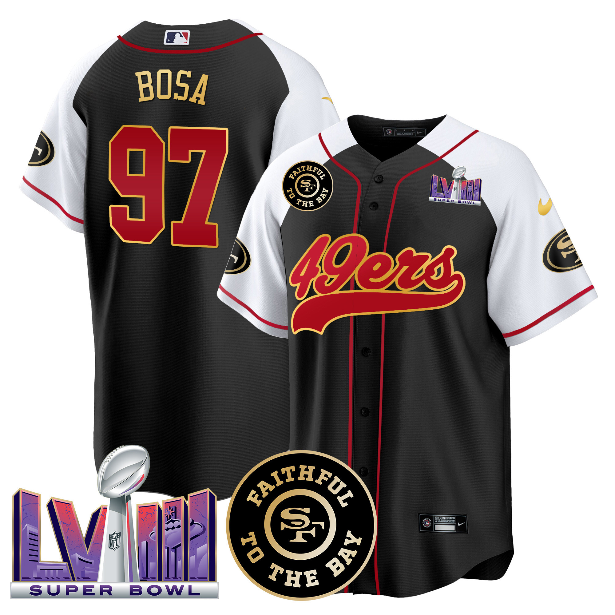 Men's 49ers Faithful & Super Bowl LVIII Patch Baseball Jersey - All Stitched - Image 7