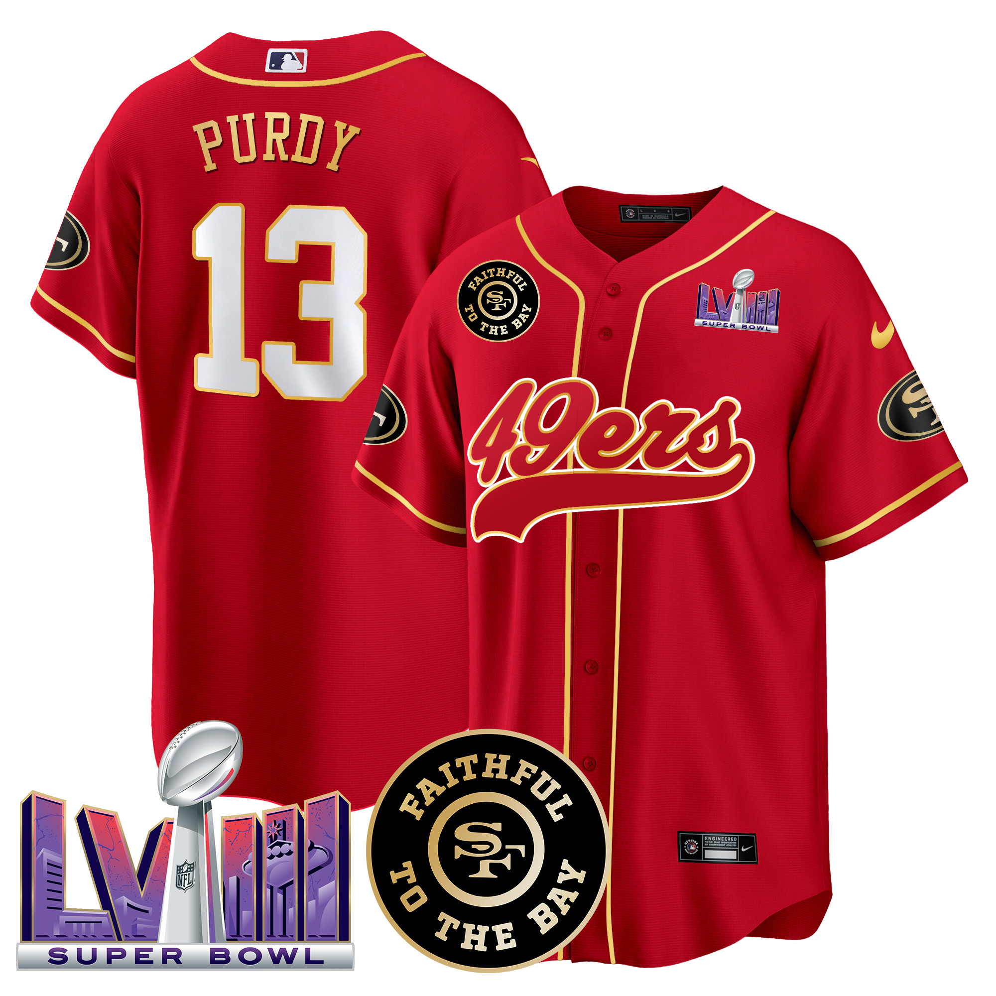 Men's 49ers Faithful & Super Bowl LVIII Patch Baseball Jersey - All Stitched - Image 23