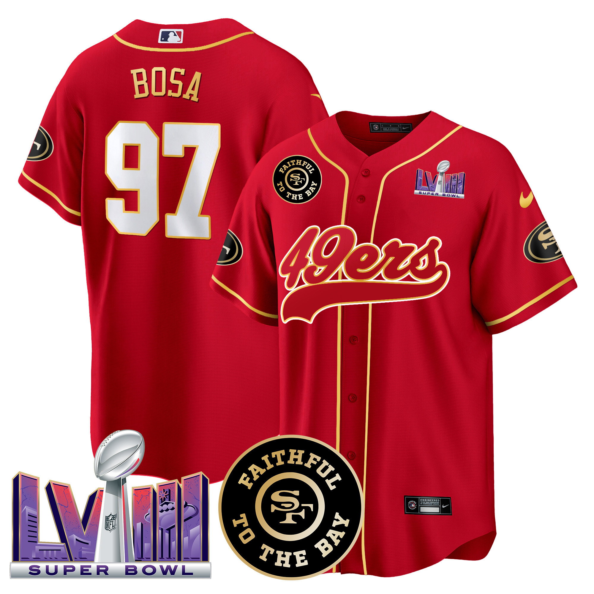 Men's 49ers Faithful & Super Bowl LVIII Patch Baseball Jersey - All Stitched - Image 27