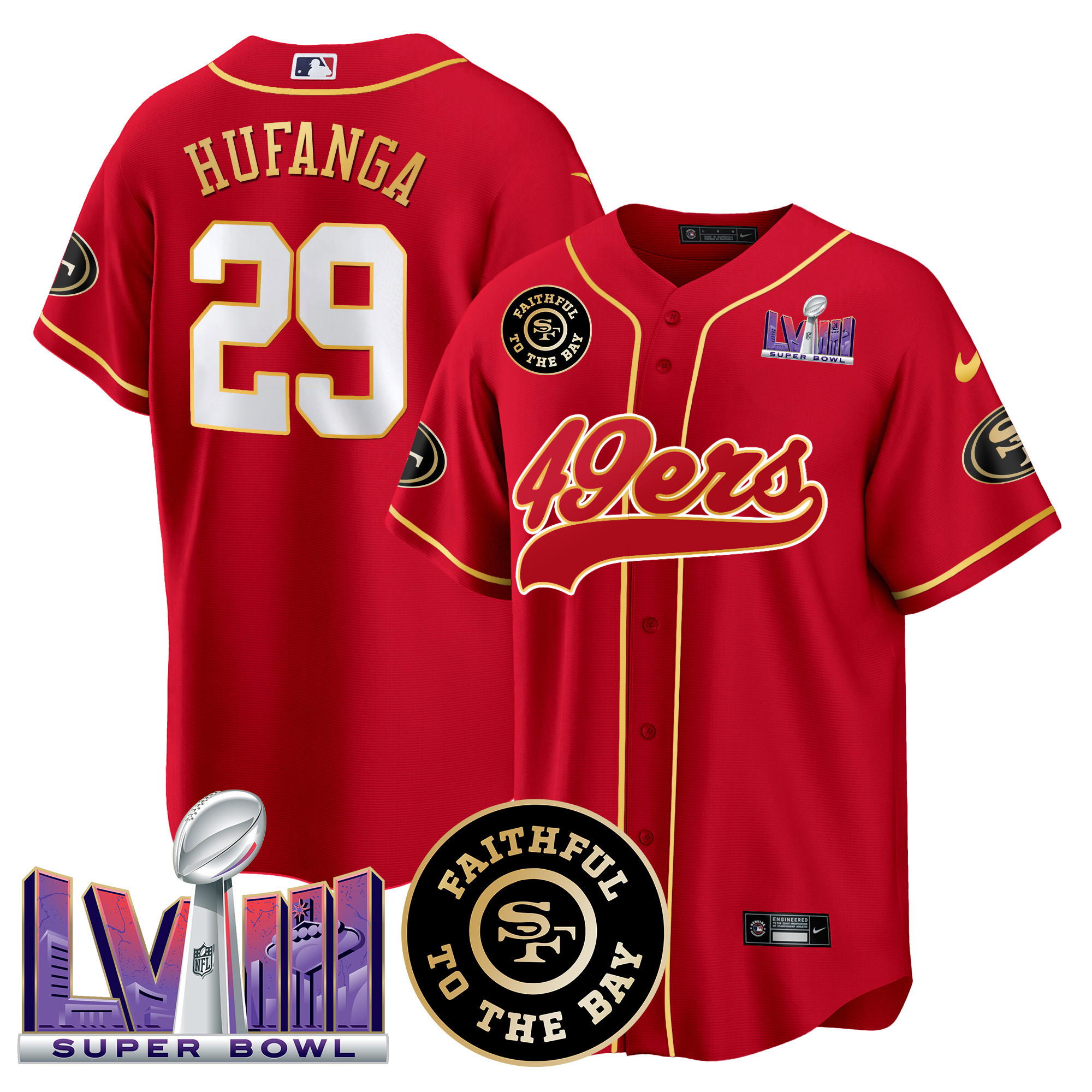 Men's 49ers Faithful & Super Bowl LVIII Patch Baseball Jersey - All Stitched - Image 29
