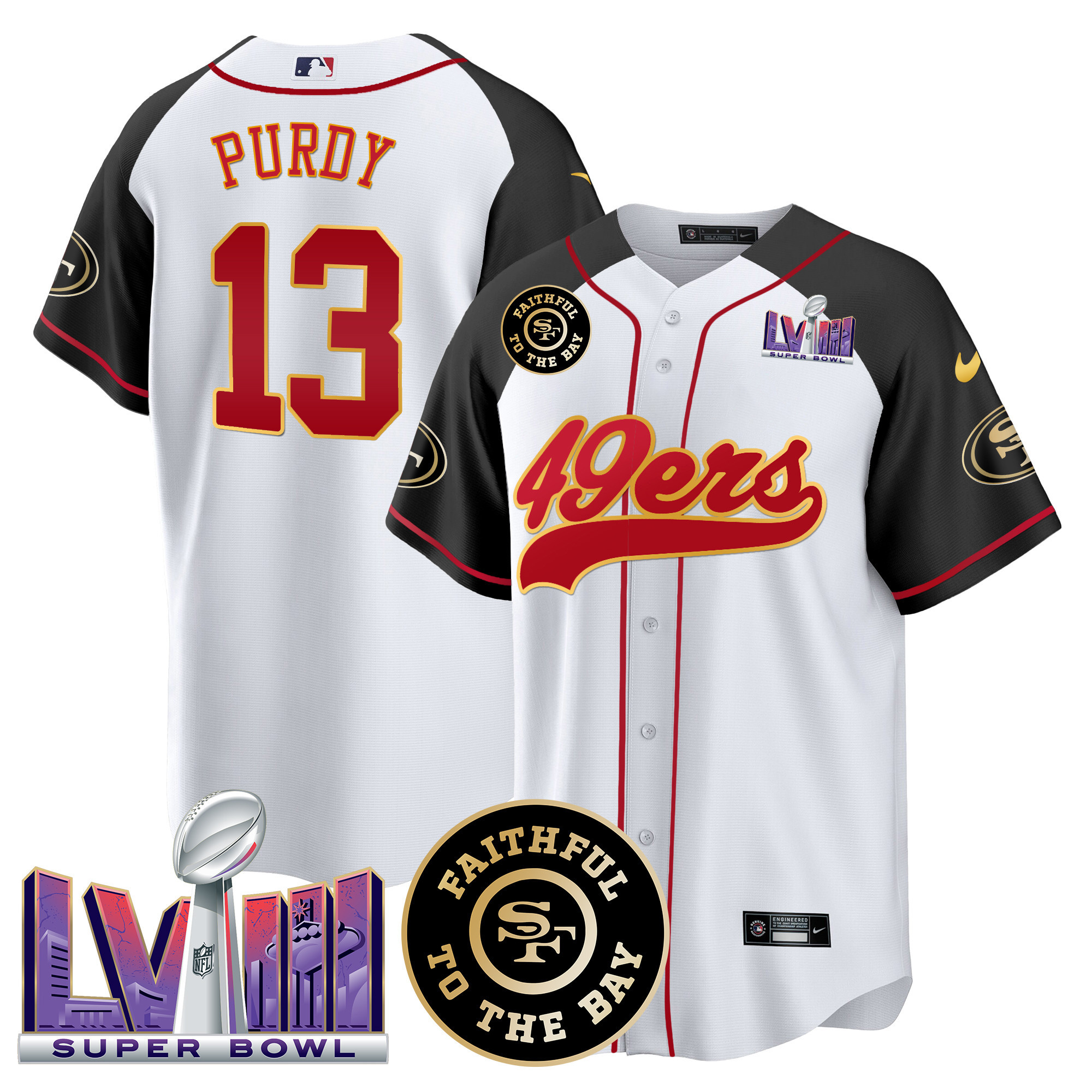 Men's 49ers Faithful & Super Bowl LVIII Patch Baseball Jersey - All Stitched - Image 43