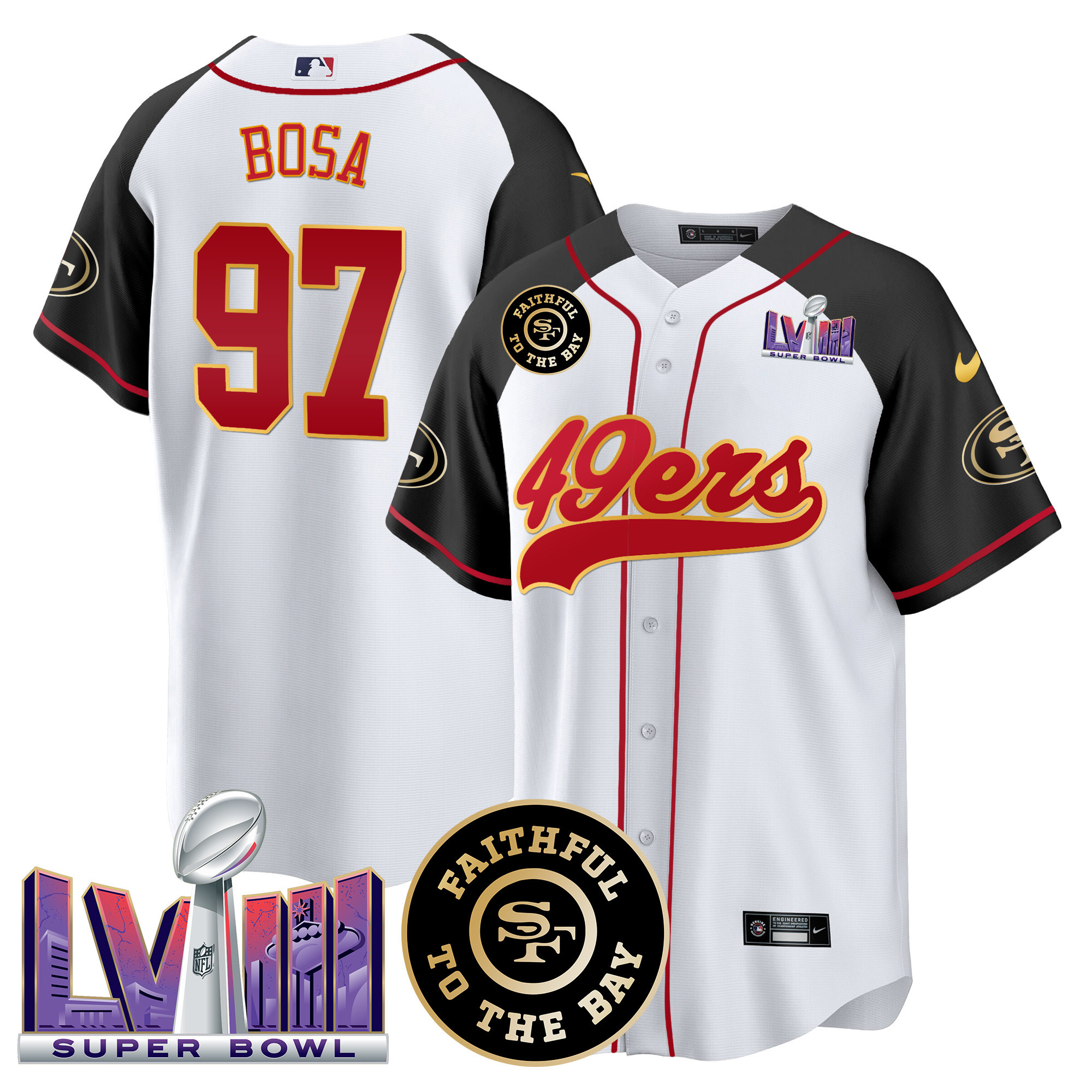 Men's 49ers Faithful & Super Bowl LVIII Patch Baseball Jersey - All Stitched - Image 47