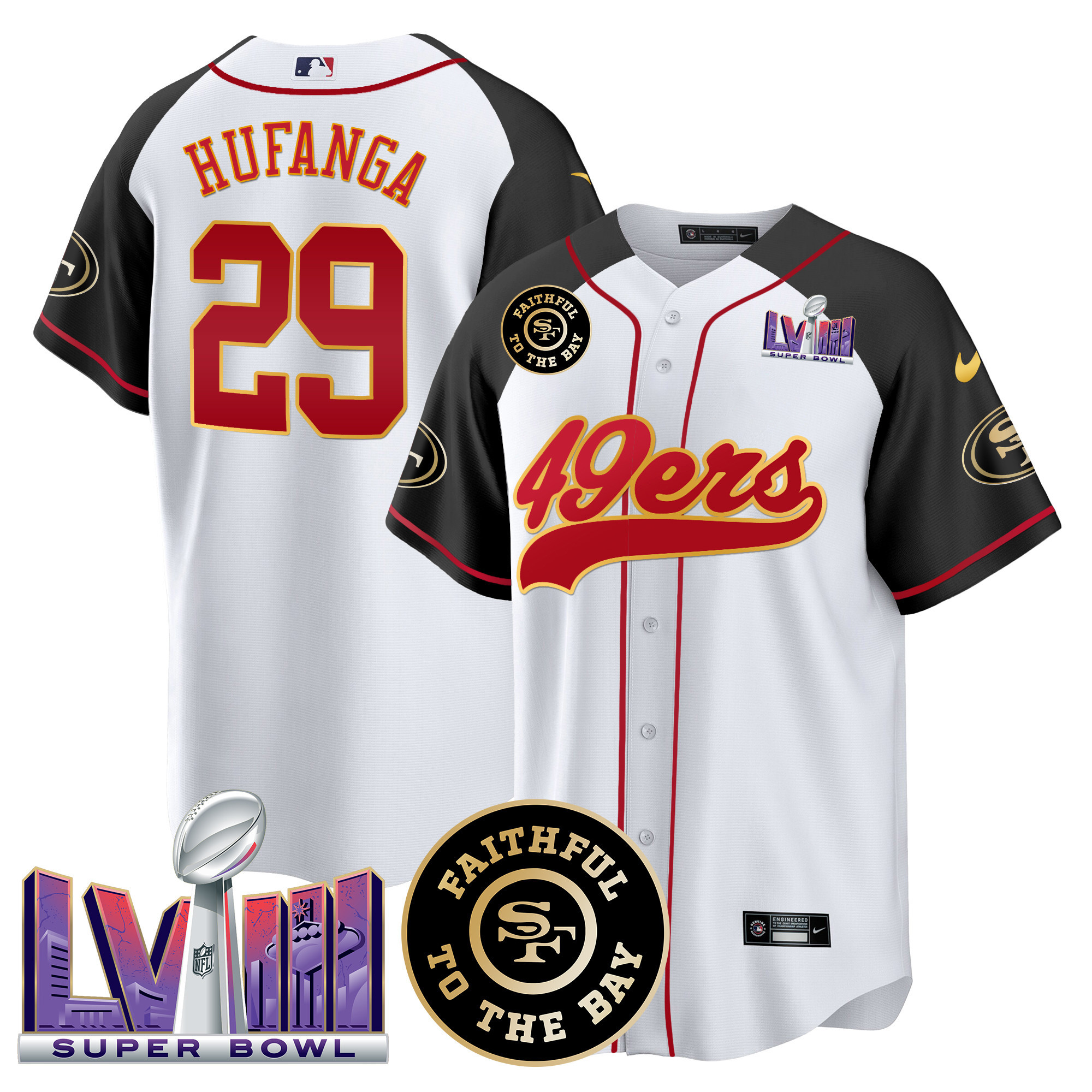 Men's 49ers Faithful & Super Bowl LVIII Patch Baseball Jersey - All Stitched - Image 49