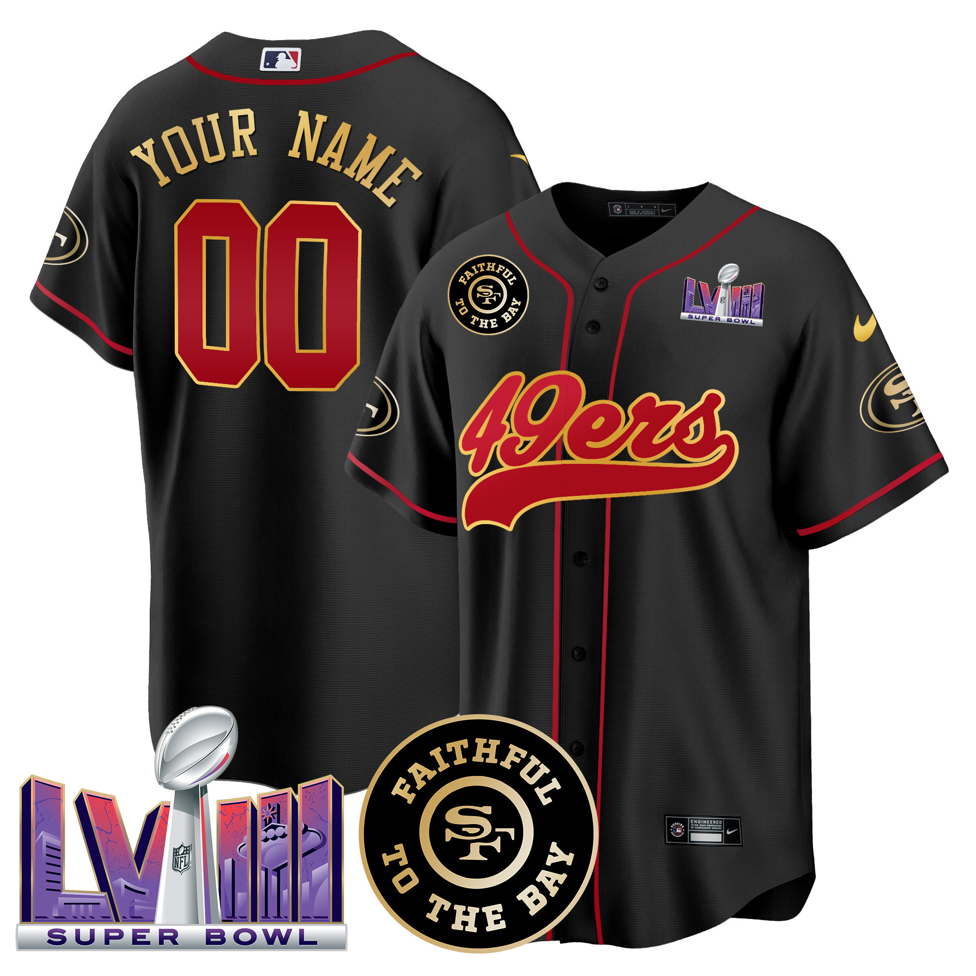 49ers Faithful & Super Bowl LVIII Patch Baseball Custom Jersey - All Stitched - Image 2