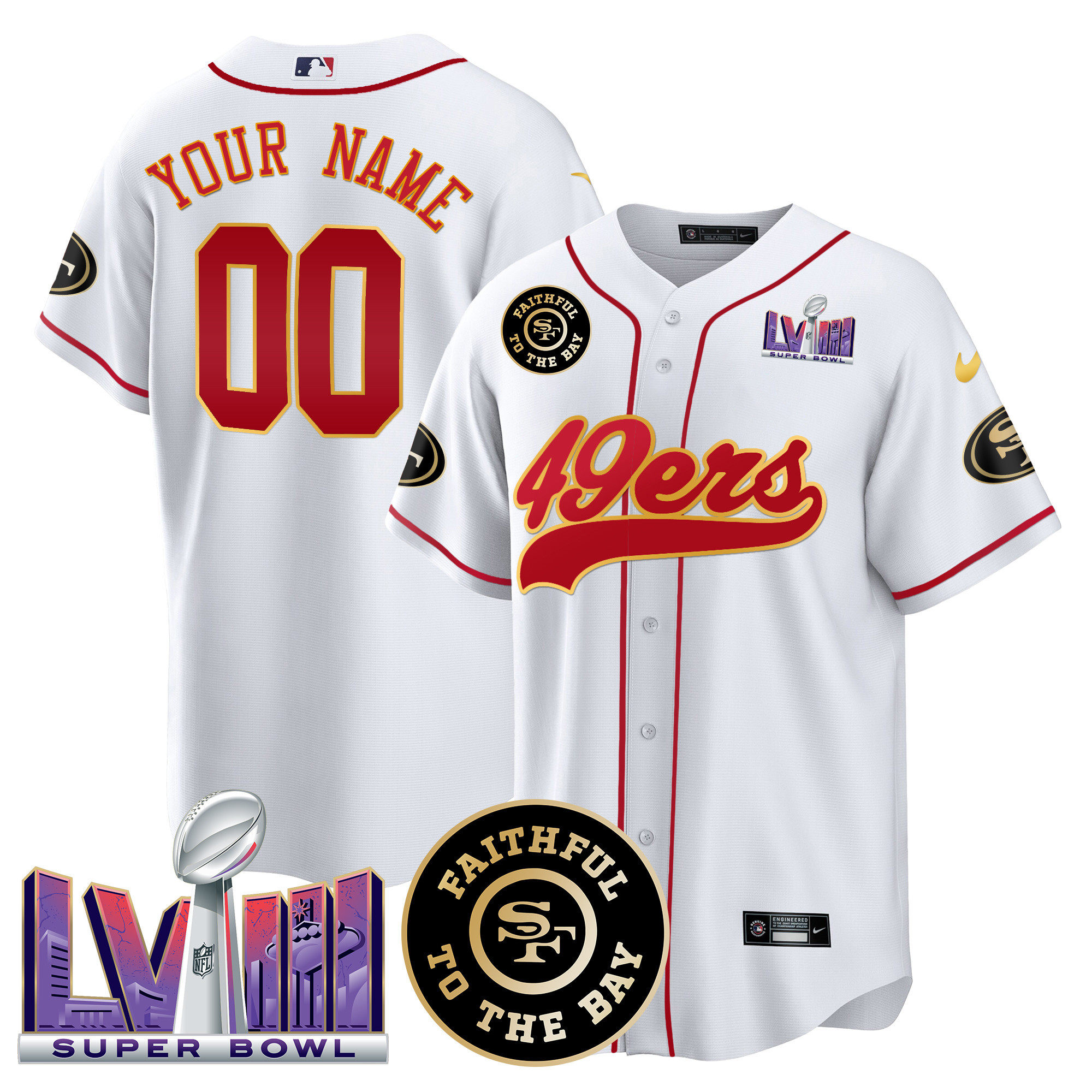 49ers Faithful & Super Bowl LVIII Patch Baseball Custom Jersey - All Stitched - Image 4