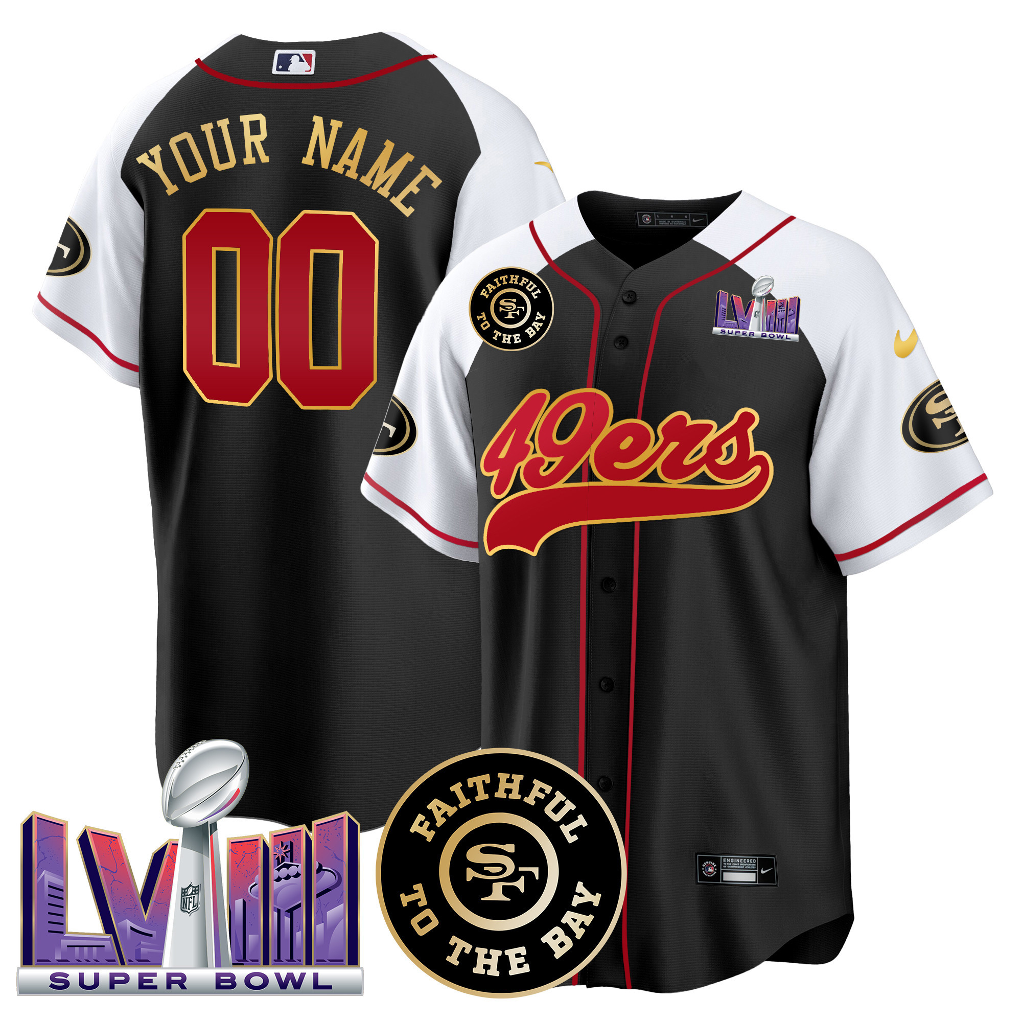 49ers Faithful & Super Bowl LVIII Patch Baseball Custom Jersey - All Stitched