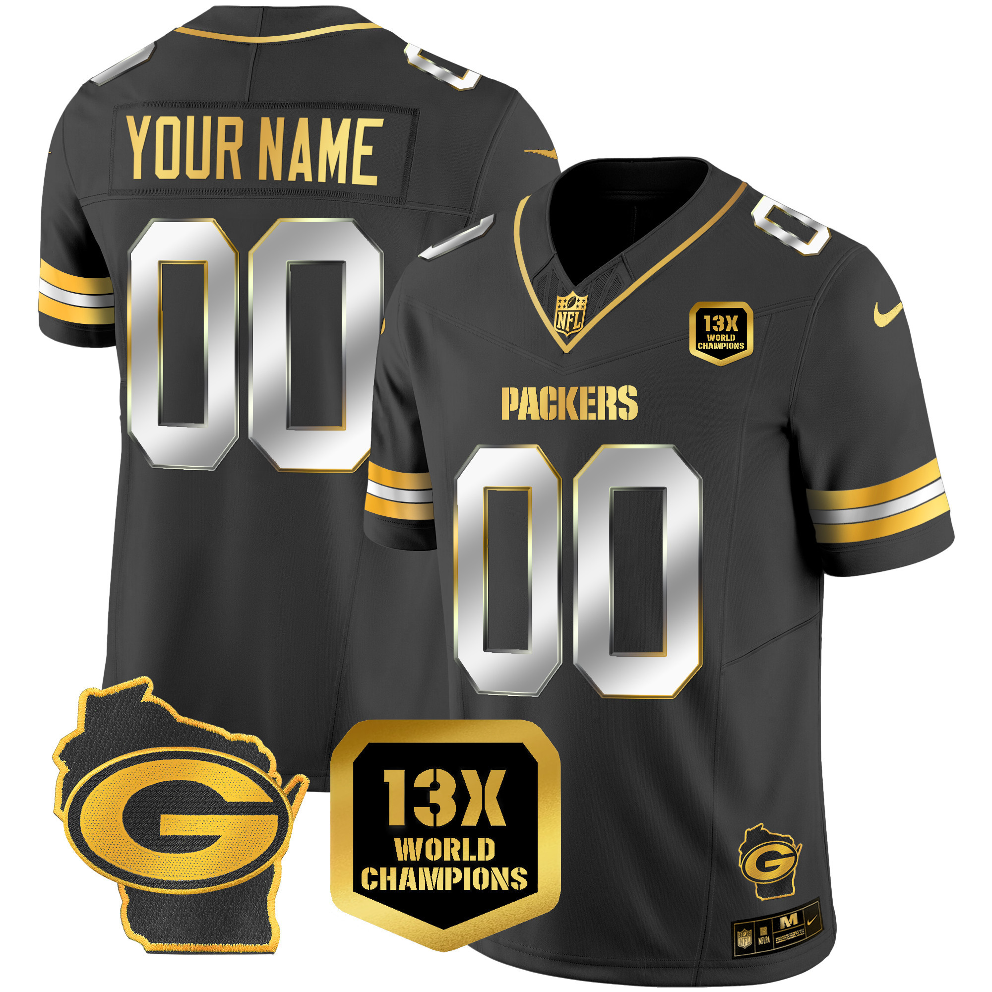 Packers 13 Time World Champions & Home Patch Gold Vapor Custom Jersey – All Stitched - Image 2