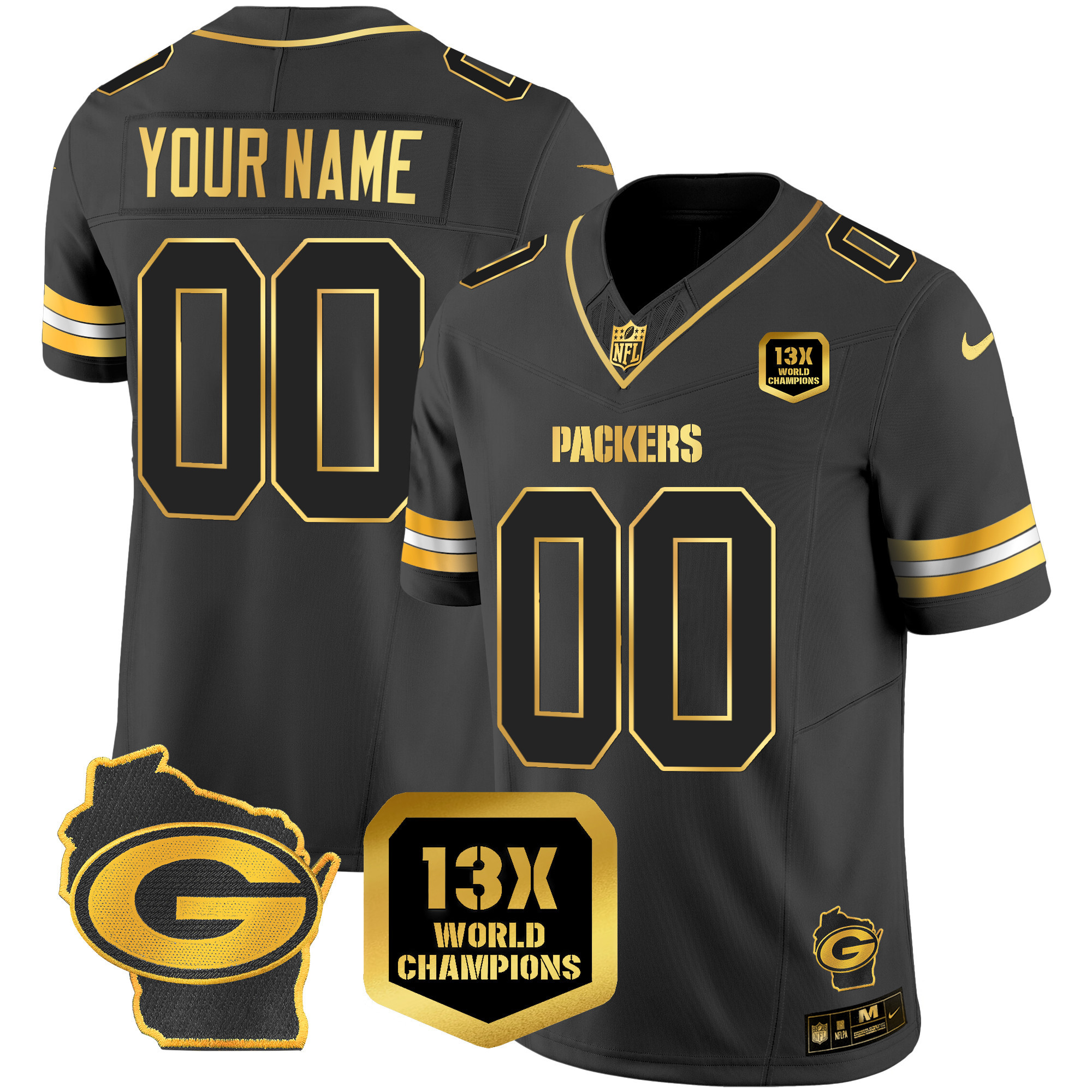 Packers 13 Time World Champions & Home Patch Gold Vapor Custom Jersey – All Stitched - Image 3