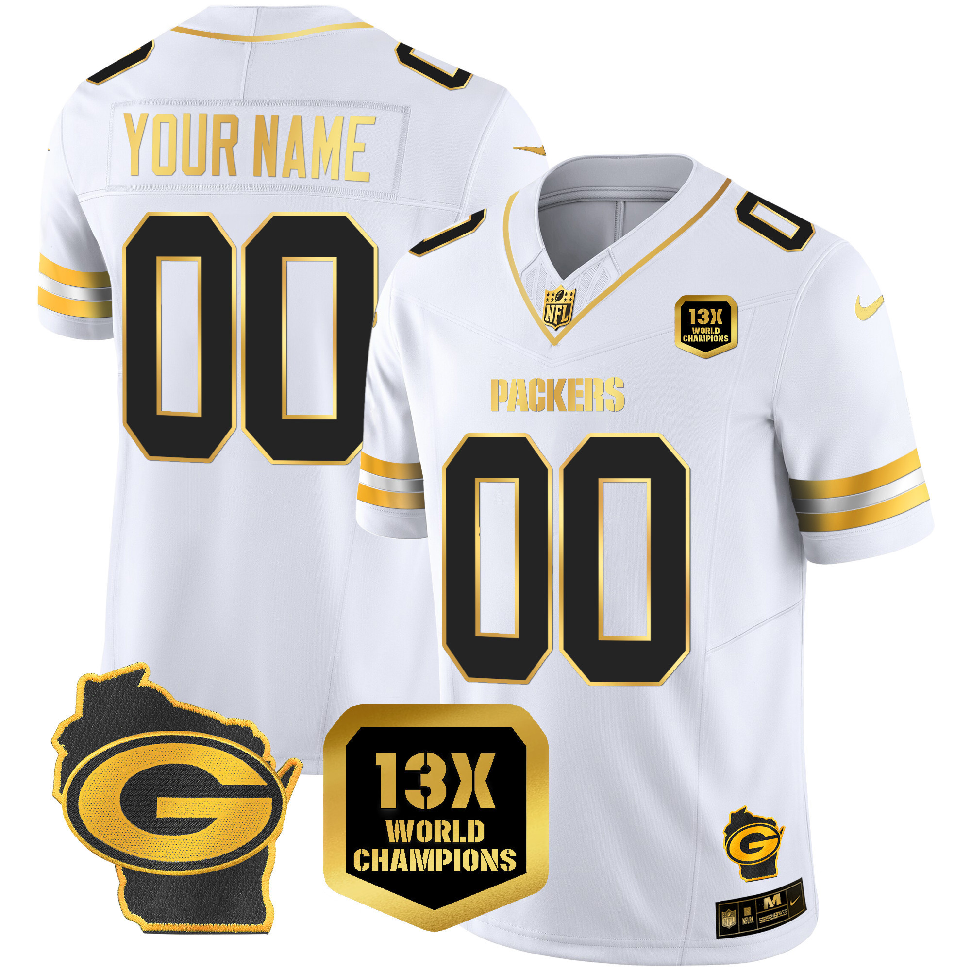 Packers 13 Time World Champions & Home Patch Gold Vapor Custom Jersey – All Stitched - Image 4