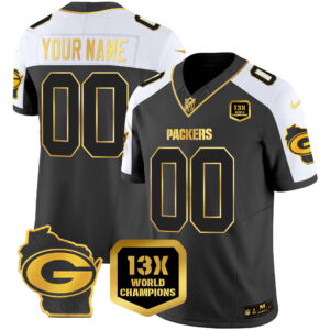 Packers 13 Time World Champions & Home Patch Gold Vapor Custom Jersey – All Stitched