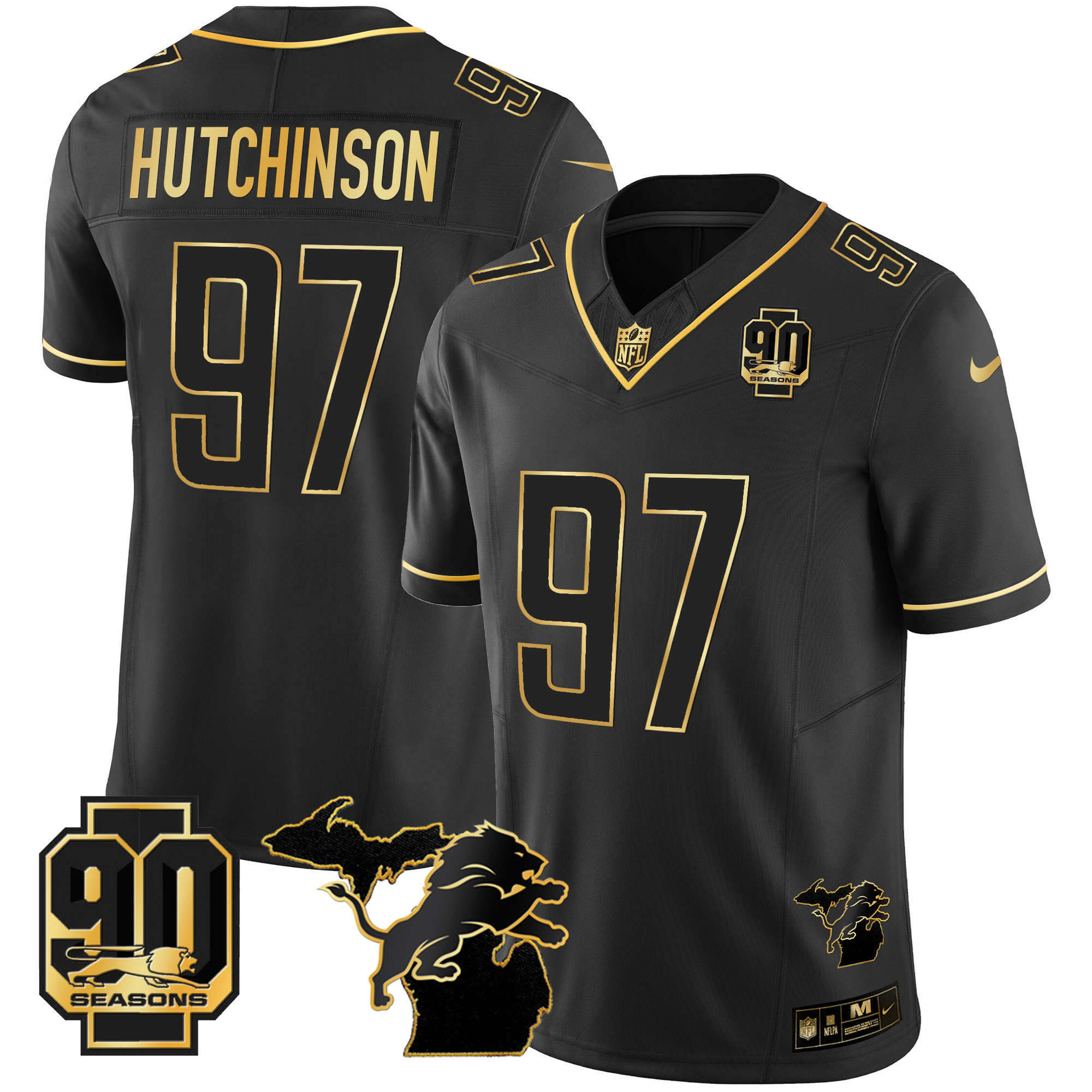 Men's Detroit Lions 90th Year & Michigan Patch Gold Vapor Jersey - All Stitched - Image 13