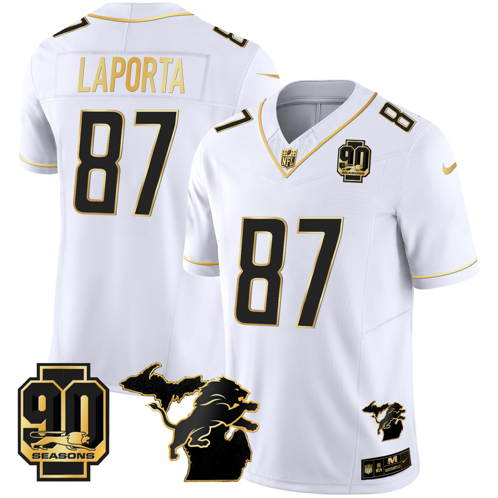Men's Detroit Lions 90th Year & Michigan Patch Gold Vapor Jersey - All Stitched - Image 24