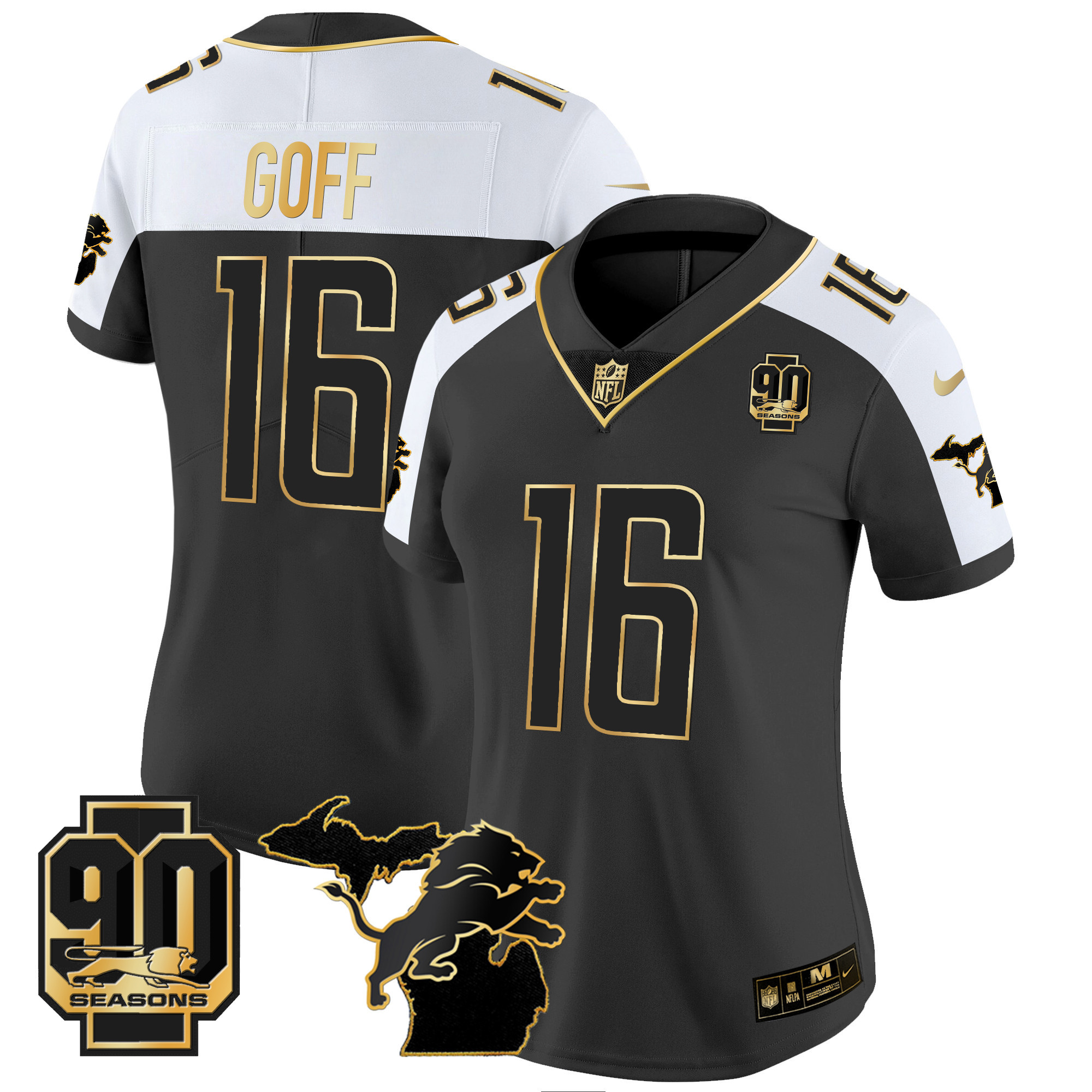 Women's Detroit Lions 90th Year & Michigan Patch Gold Vapor Jersey - All Stitched - Image 2