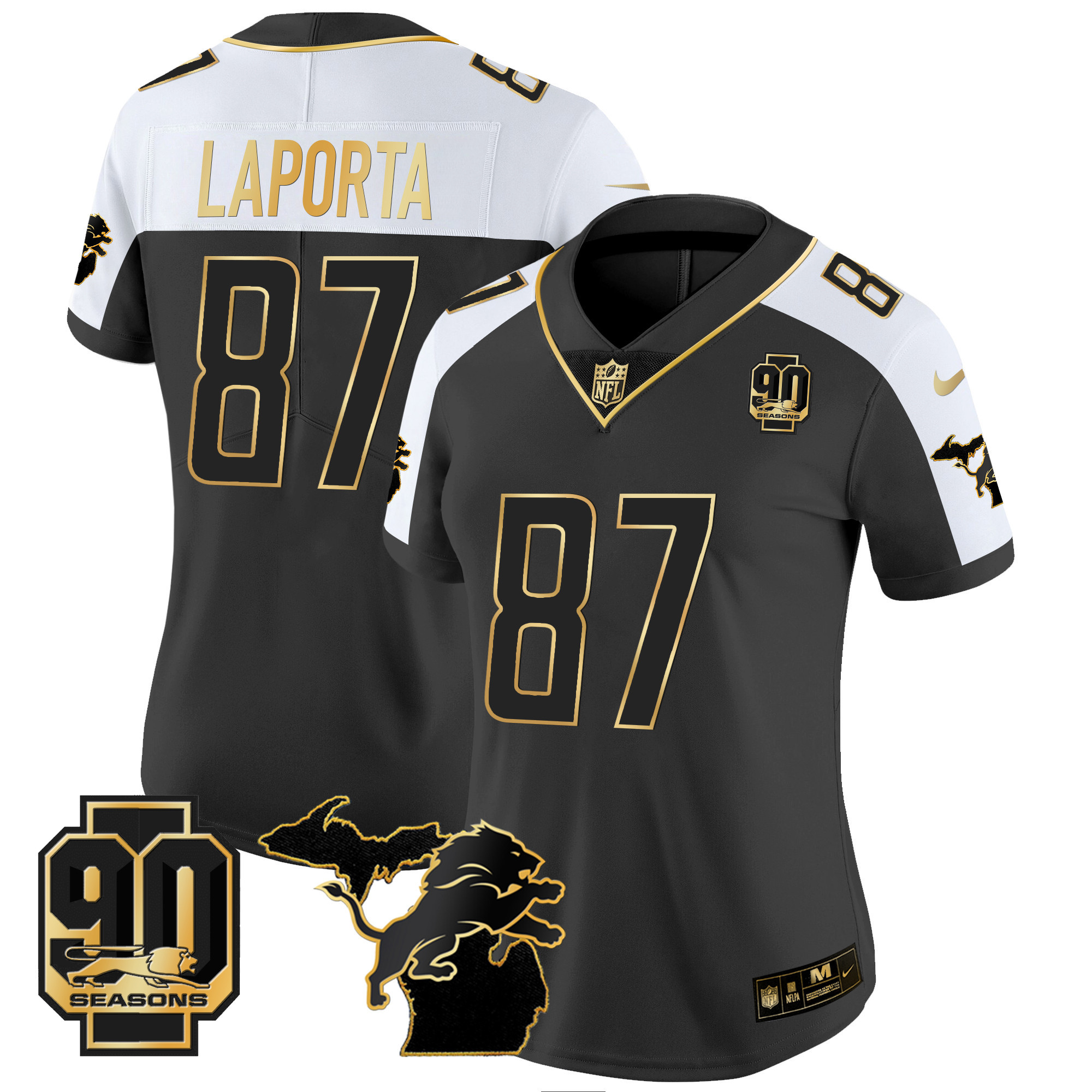 Women's Detroit Lions 90th Year & Michigan Patch Gold Vapor Jersey - All Stitched - Image 6