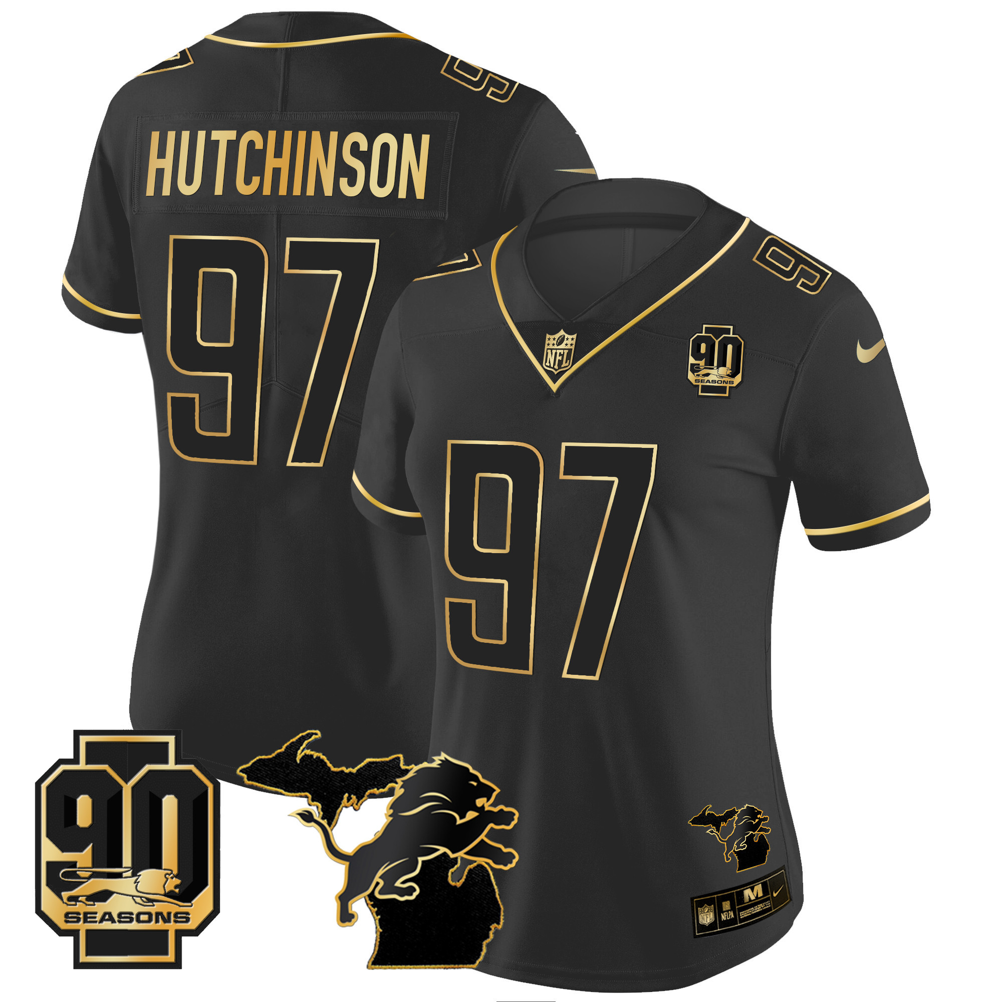 Women's Detroit Lions 90th Year & Michigan Patch Gold Vapor Jersey - All Stitched - Image 13