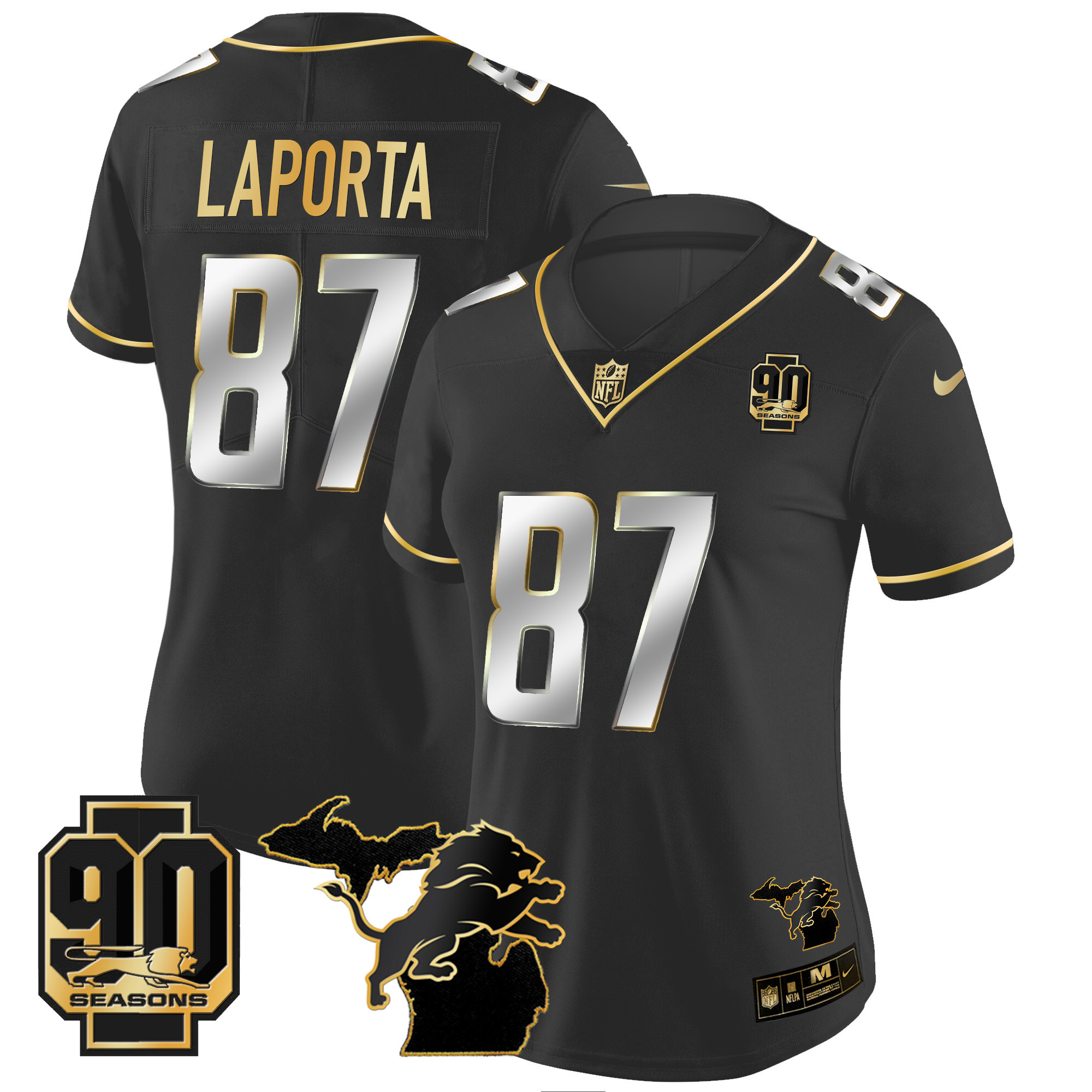 Women's Detroit Lions 90th Year & Michigan Patch Gold Vapor Jersey - All Stitched - Image 12