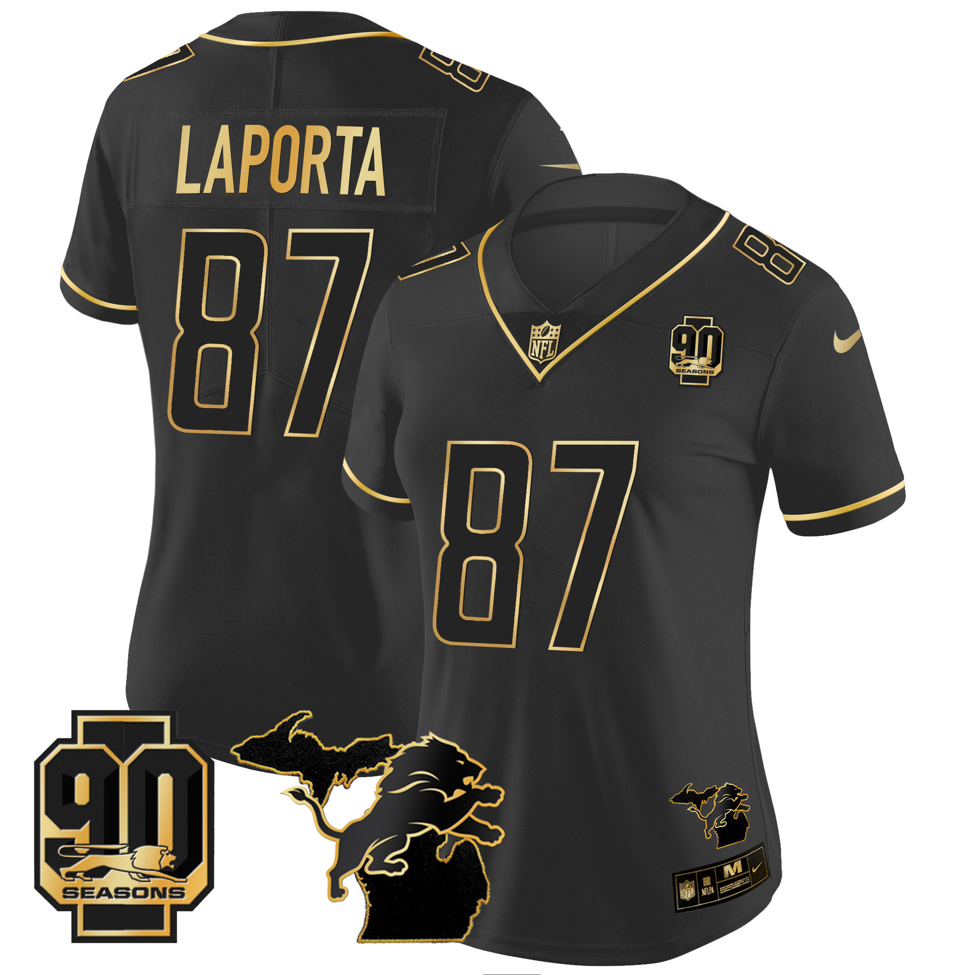 Women's Detroit Lions 90th Year & Michigan Patch Gold Vapor Jersey - All Stitched - Image 18