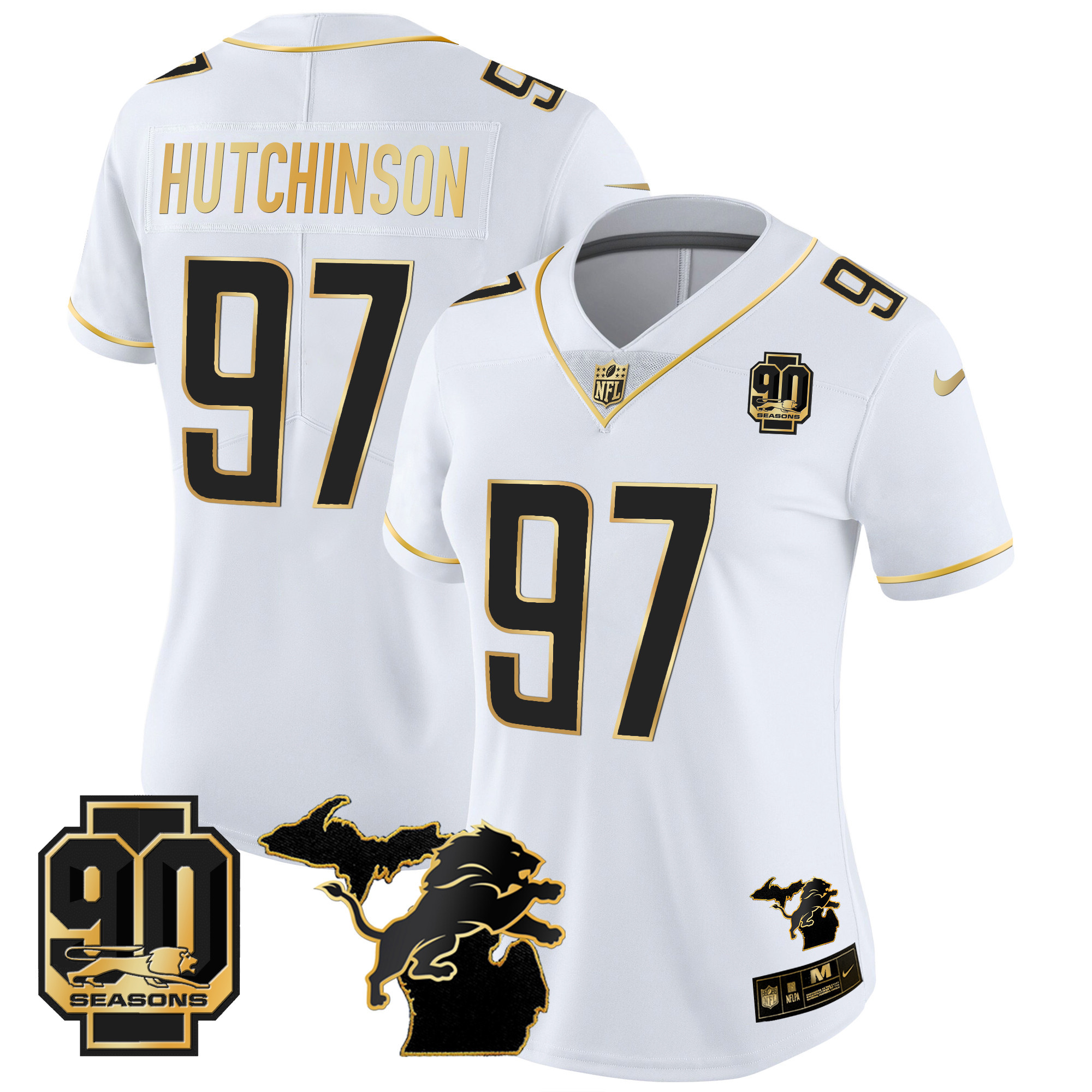 Women's Detroit Lions 90th Year & Michigan Patch Gold Vapor Jersey - All Stitched - Image 19