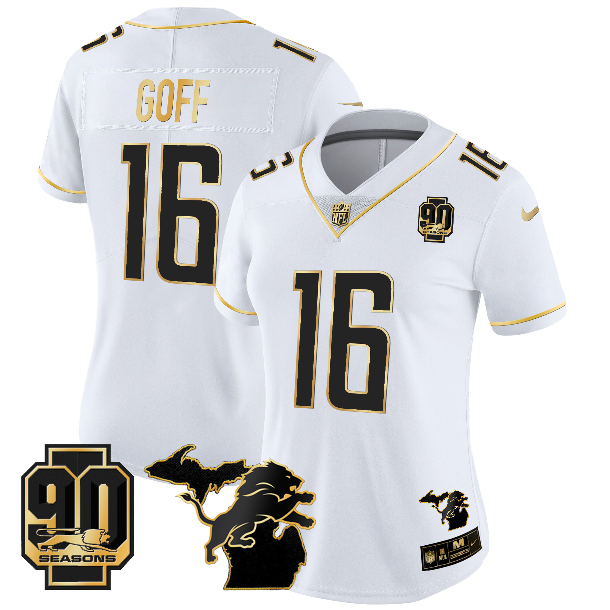 Women's Detroit Lions 90th Year & Michigan Patch Gold Vapor Jersey - All Stitched - Image 20