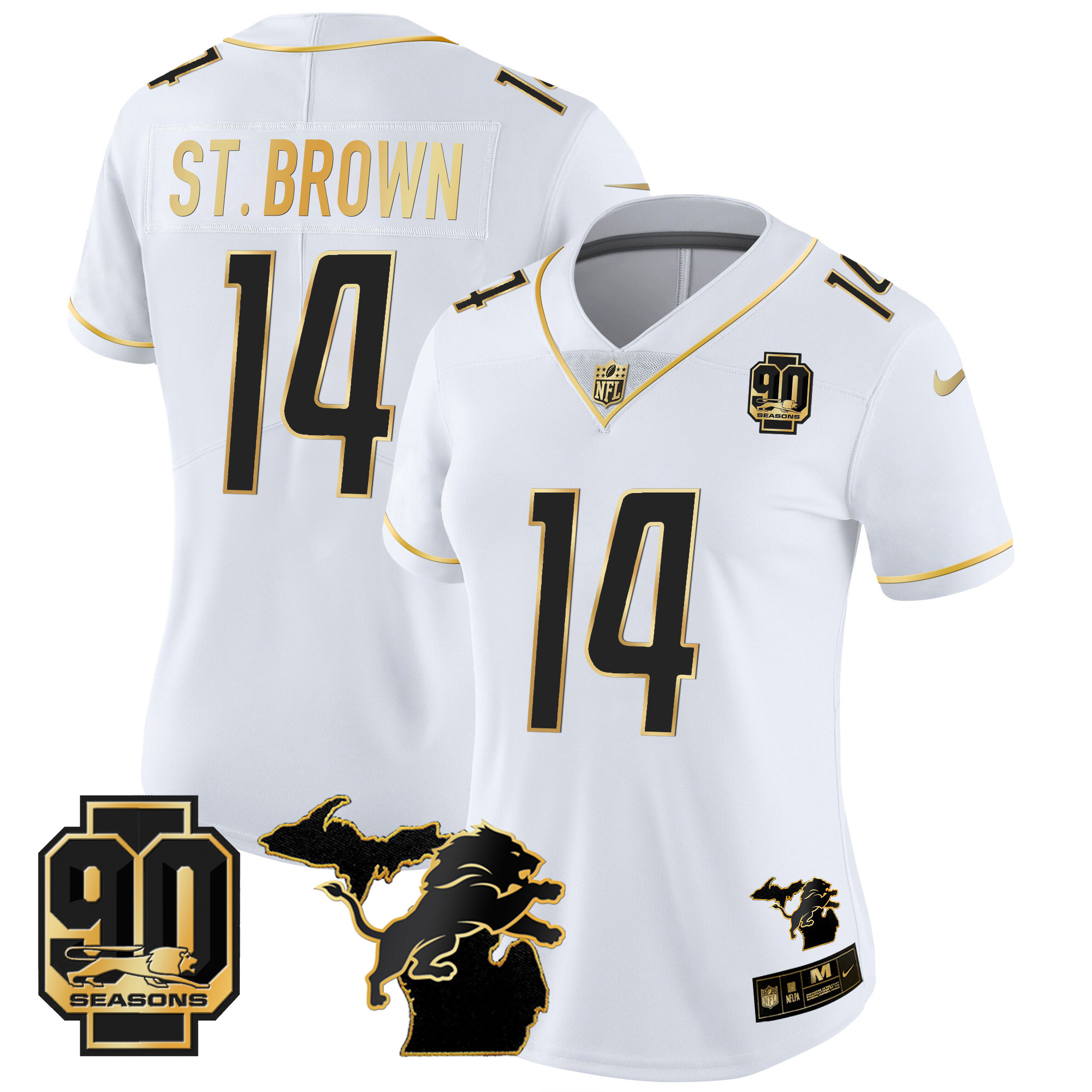 Women's Detroit Lions 90th Year & Michigan Patch Gold Vapor Jersey - All Stitched - Image 21