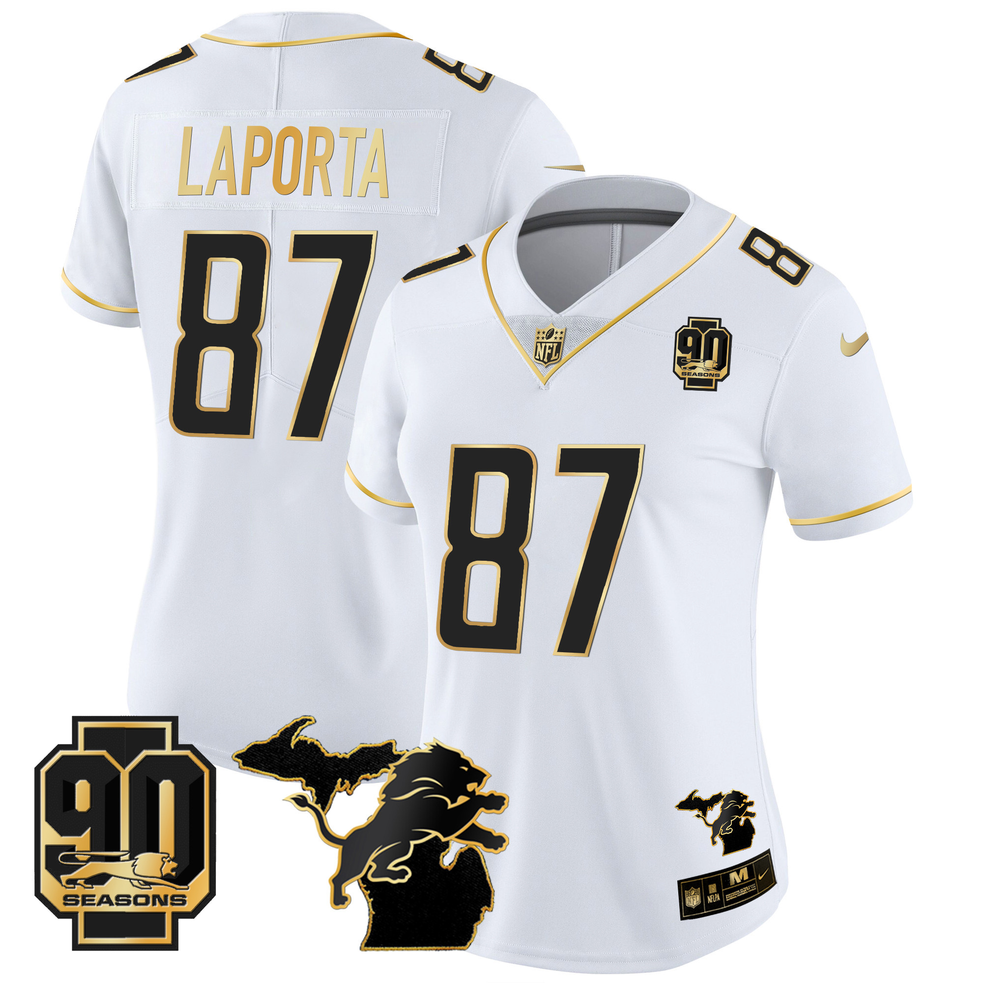 Women's Detroit Lions 90th Year & Michigan Patch Gold Vapor Jersey - All Stitched - Image 24