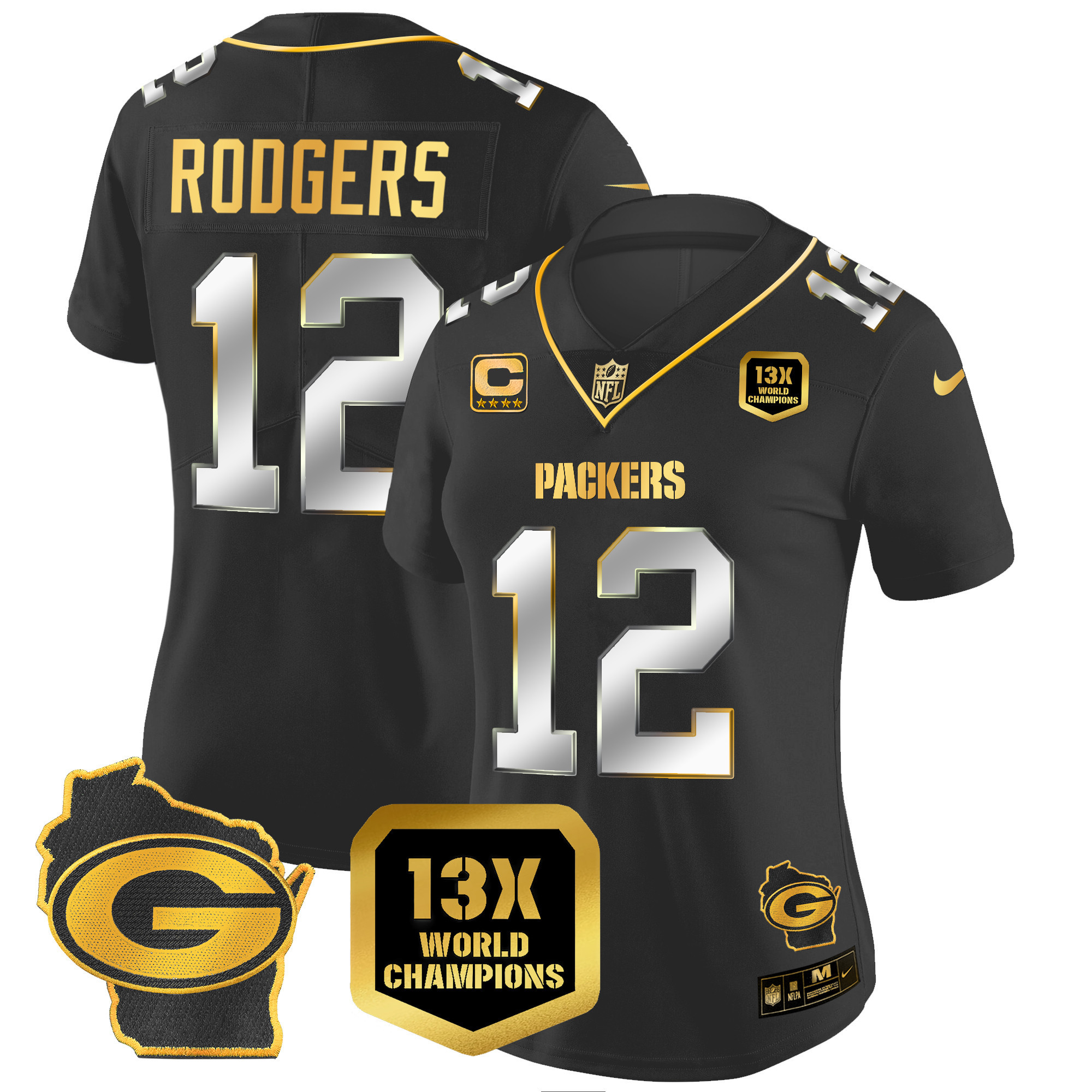 Women's Packers 13 Time World Champions & Home Patch Gold Vapor Jersey – All Stitched - Image 10