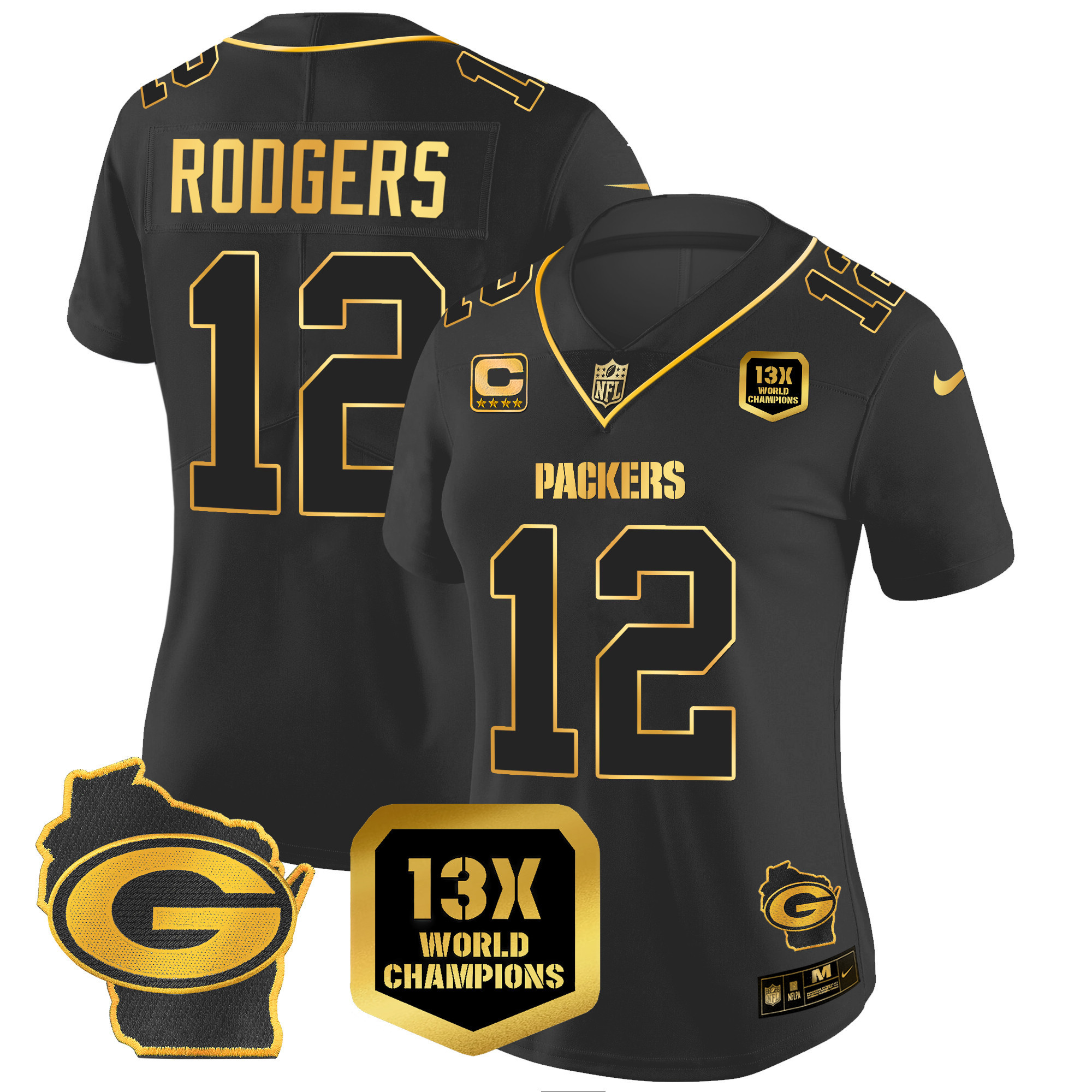 Women's Packers 13 Time World Champions & Home Patch Gold Vapor Jersey – All Stitched - Image 16
