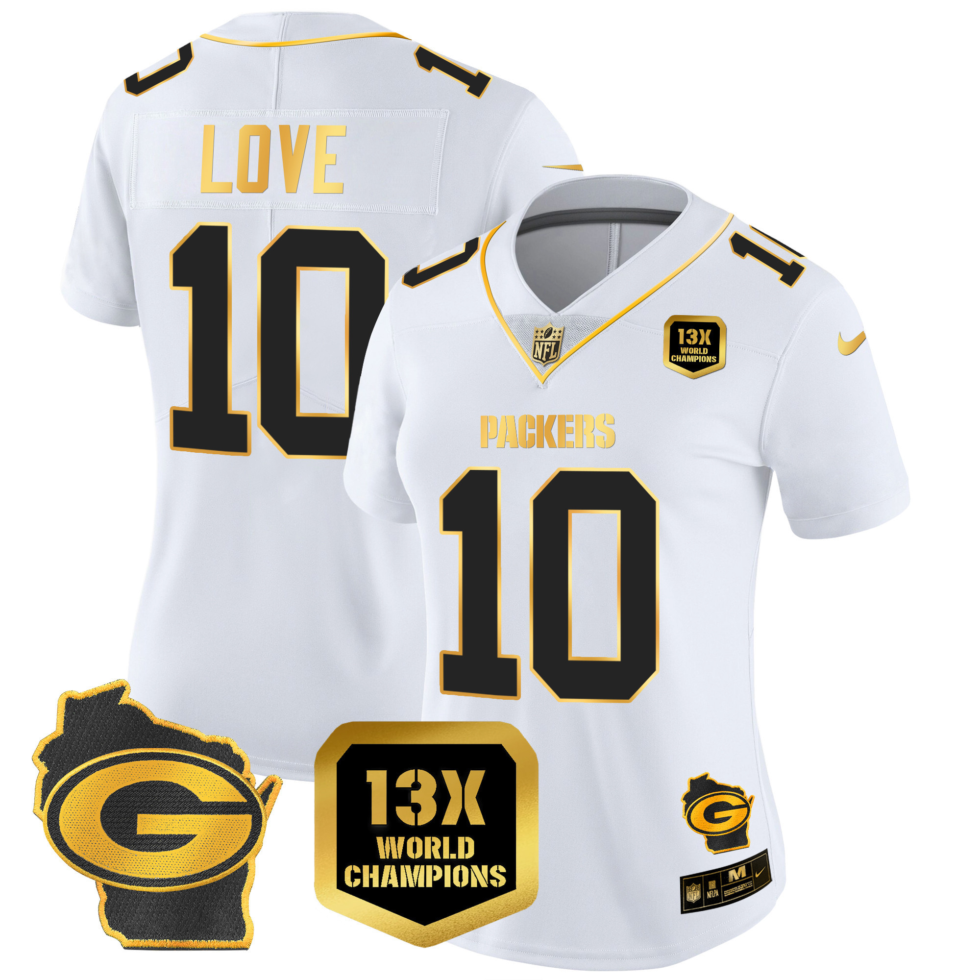 Women's Packers 13 Time World Champions & Home Patch Gold Vapor Jersey – All Stitched - Image 19