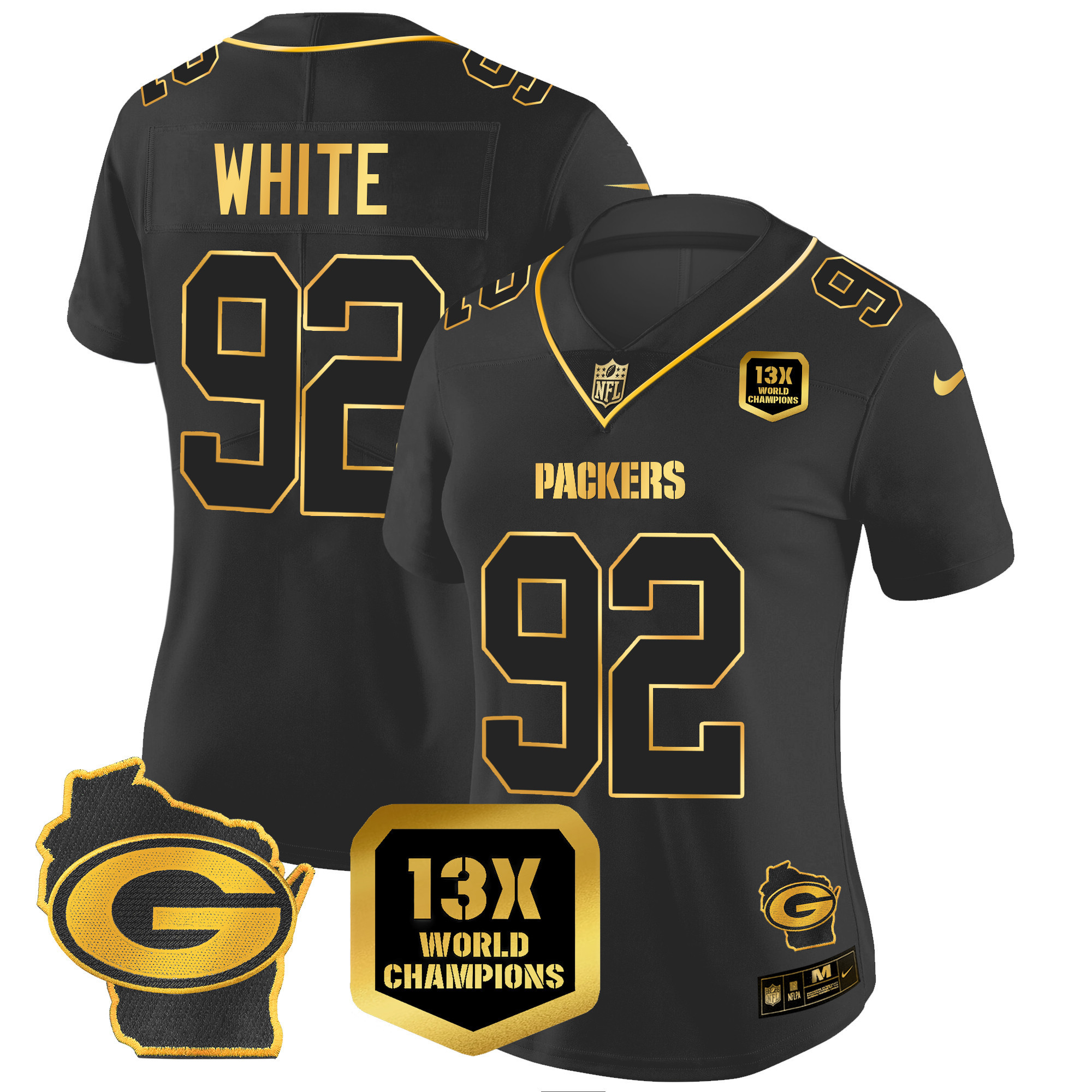 Women's Packers 13 Time World Champions & Home Patch Gold Vapor Jersey – All Stitched - Image 18