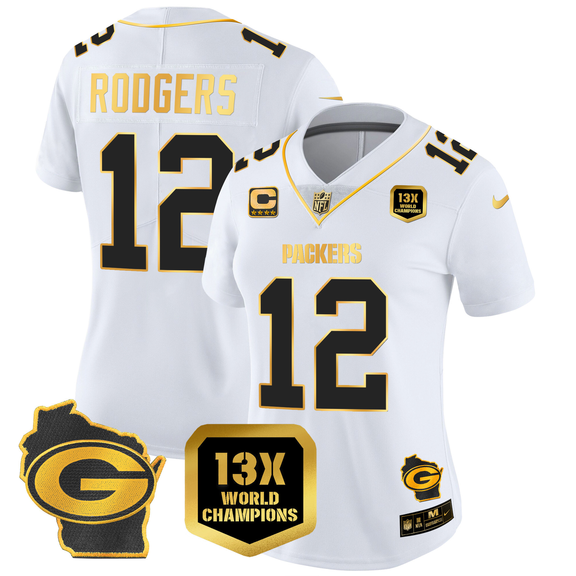 Women's Packers 13 Time World Champions & Home Patch Gold Vapor Jersey – All Stitched - Image 22
