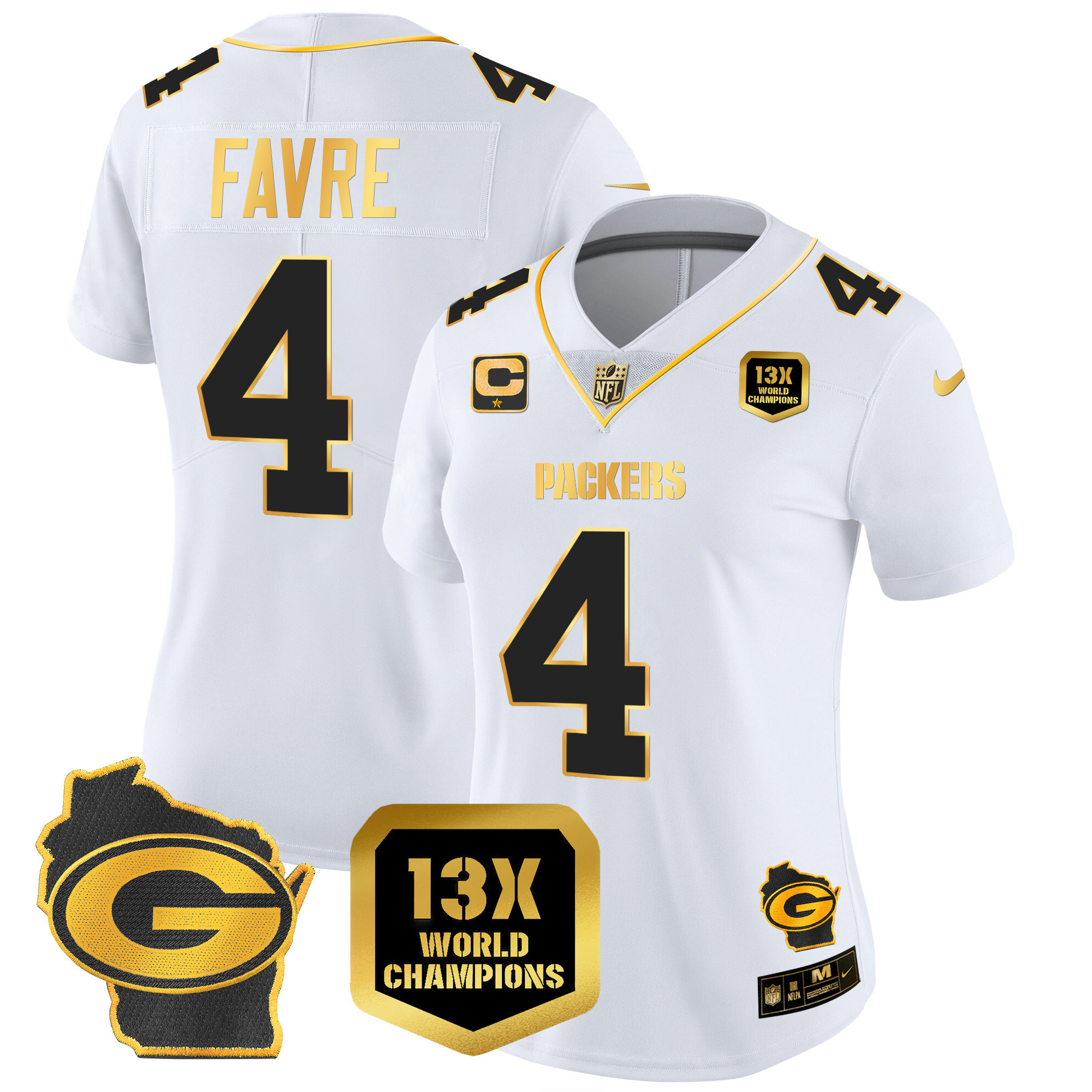 Women's Packers 13 Time World Champions & Home Patch Gold Vapor Jersey – All Stitched - Image 23