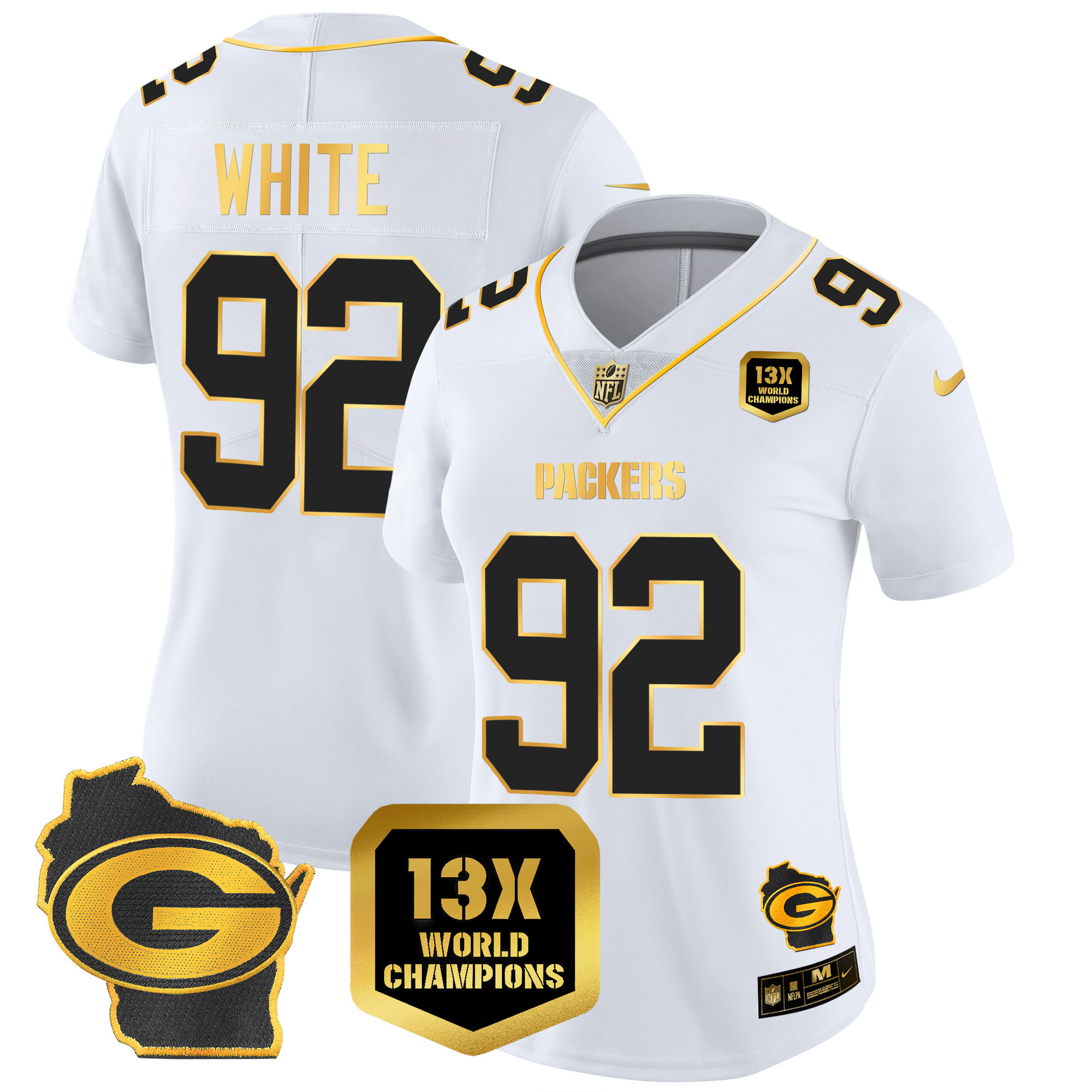 Women's Packers 13 Time World Champions & Home Patch Gold Vapor Jersey – All Stitched - Image 24