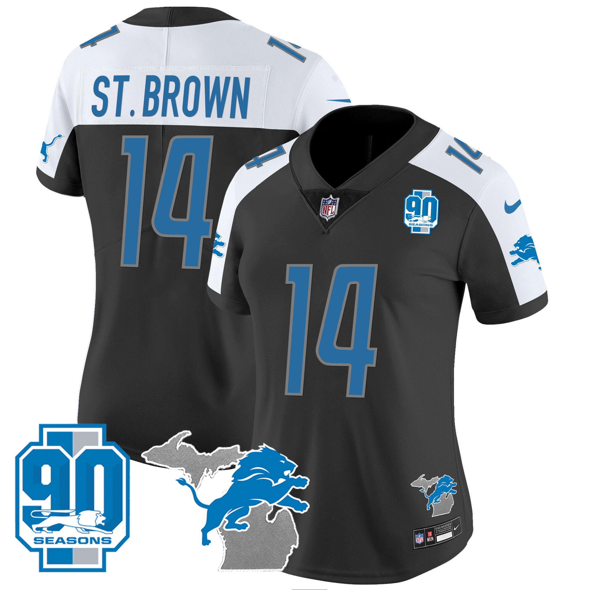 Women's Detroit Lions 90th Year & Michigan Patch Vapor Jersey - All Stitched - Image 3