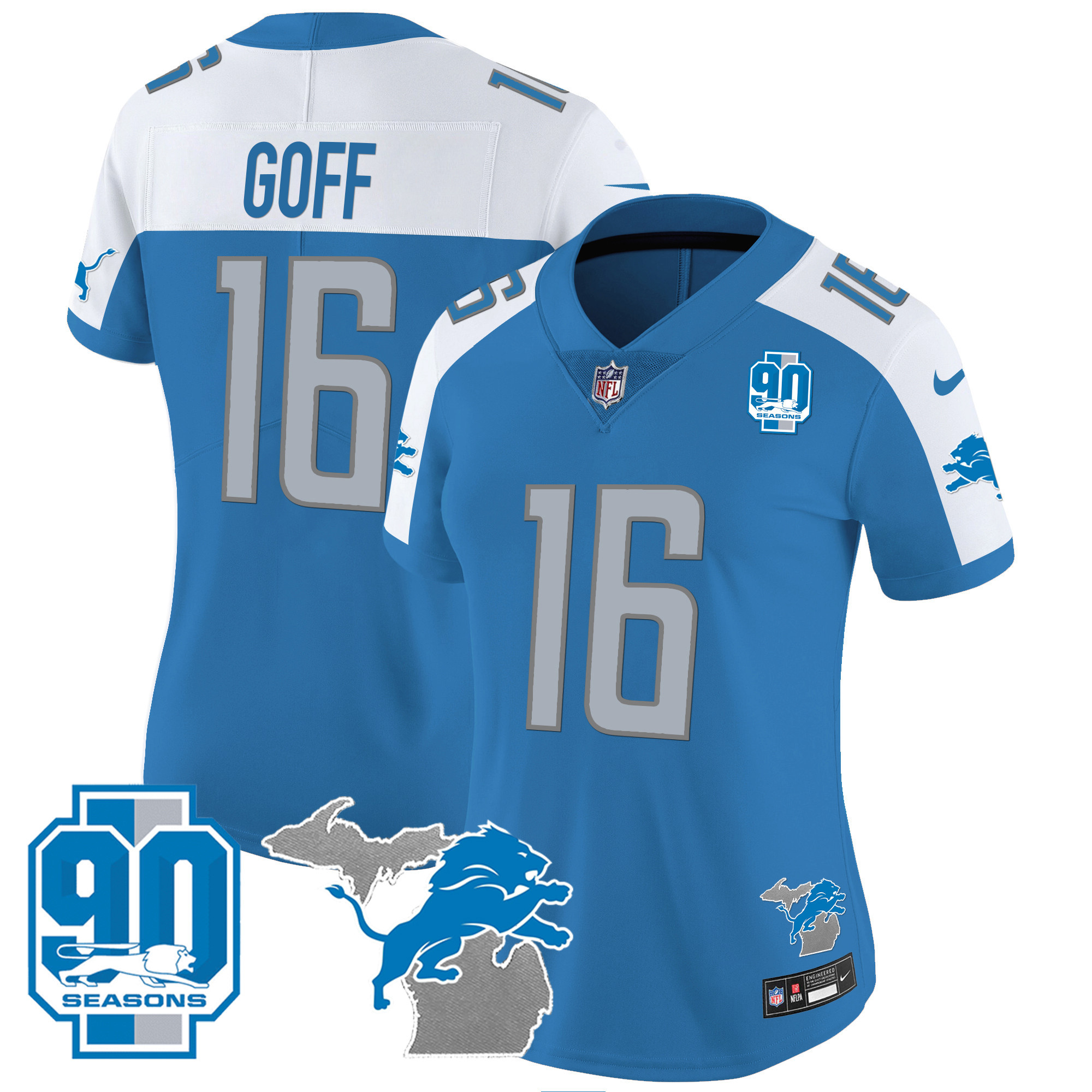 Women's Detroit Lions 90th Year & Michigan Patch Vapor Jersey - All Stitched - Image 8