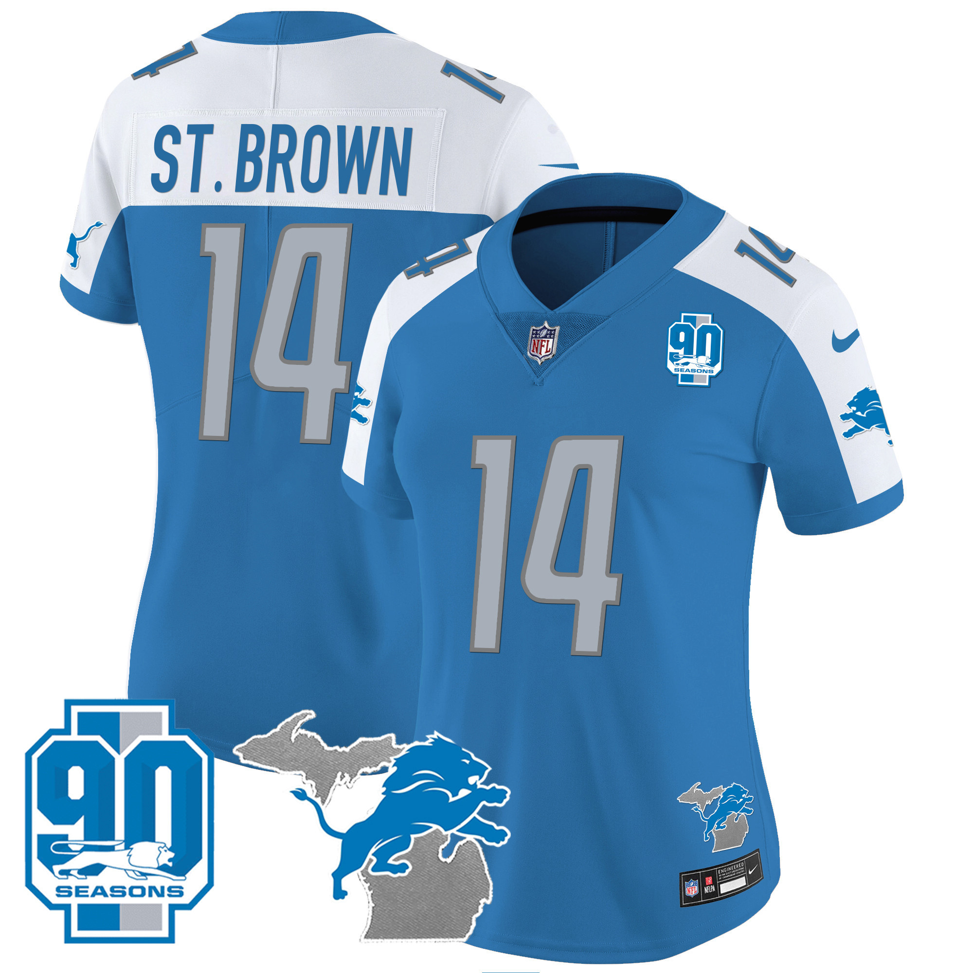 Women's Detroit Lions 90th Year & Michigan Patch Vapor Jersey - All Stitched - Image 9