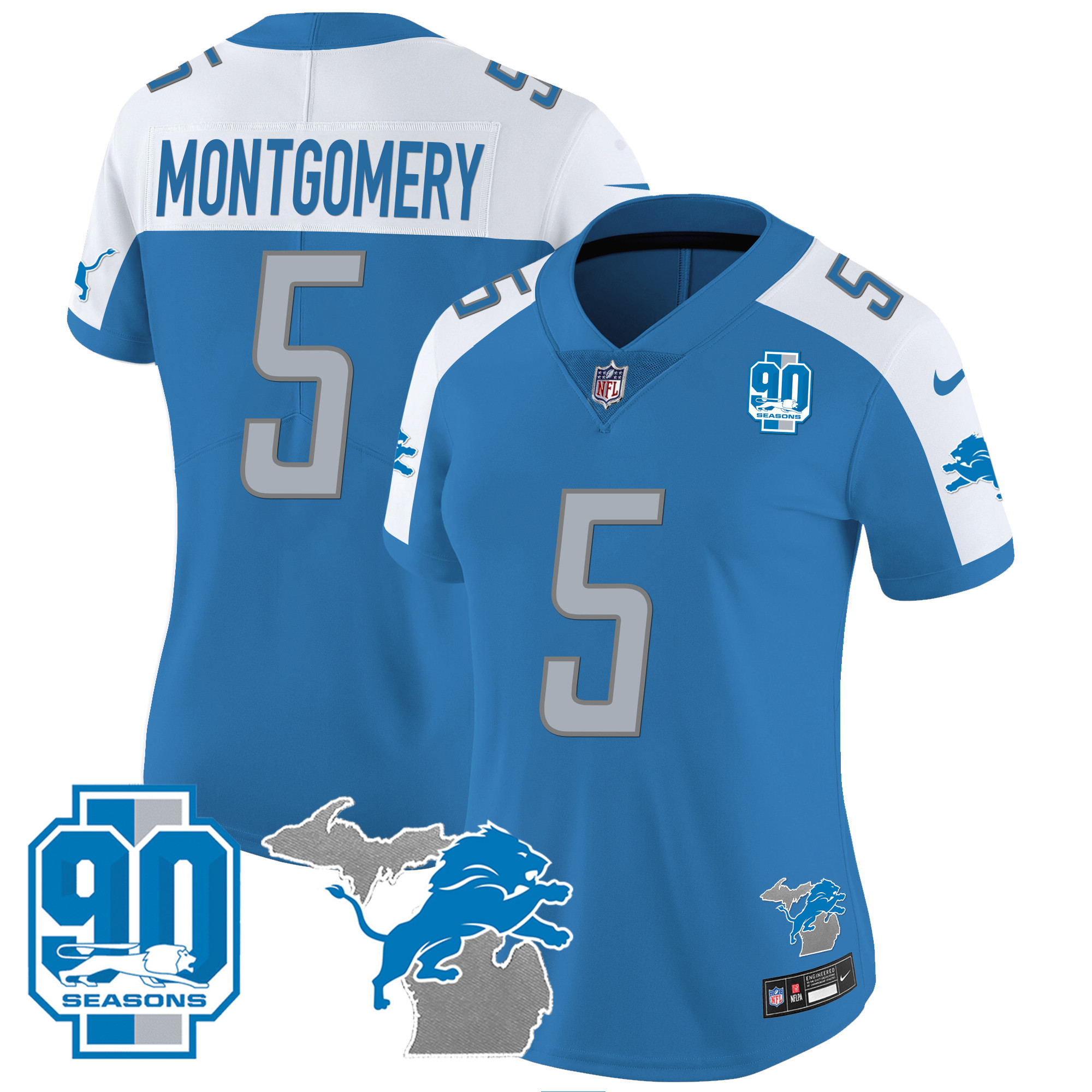 Women's Detroit Lions 90th Year & Michigan Patch Vapor Jersey - All Stitched - Image 10