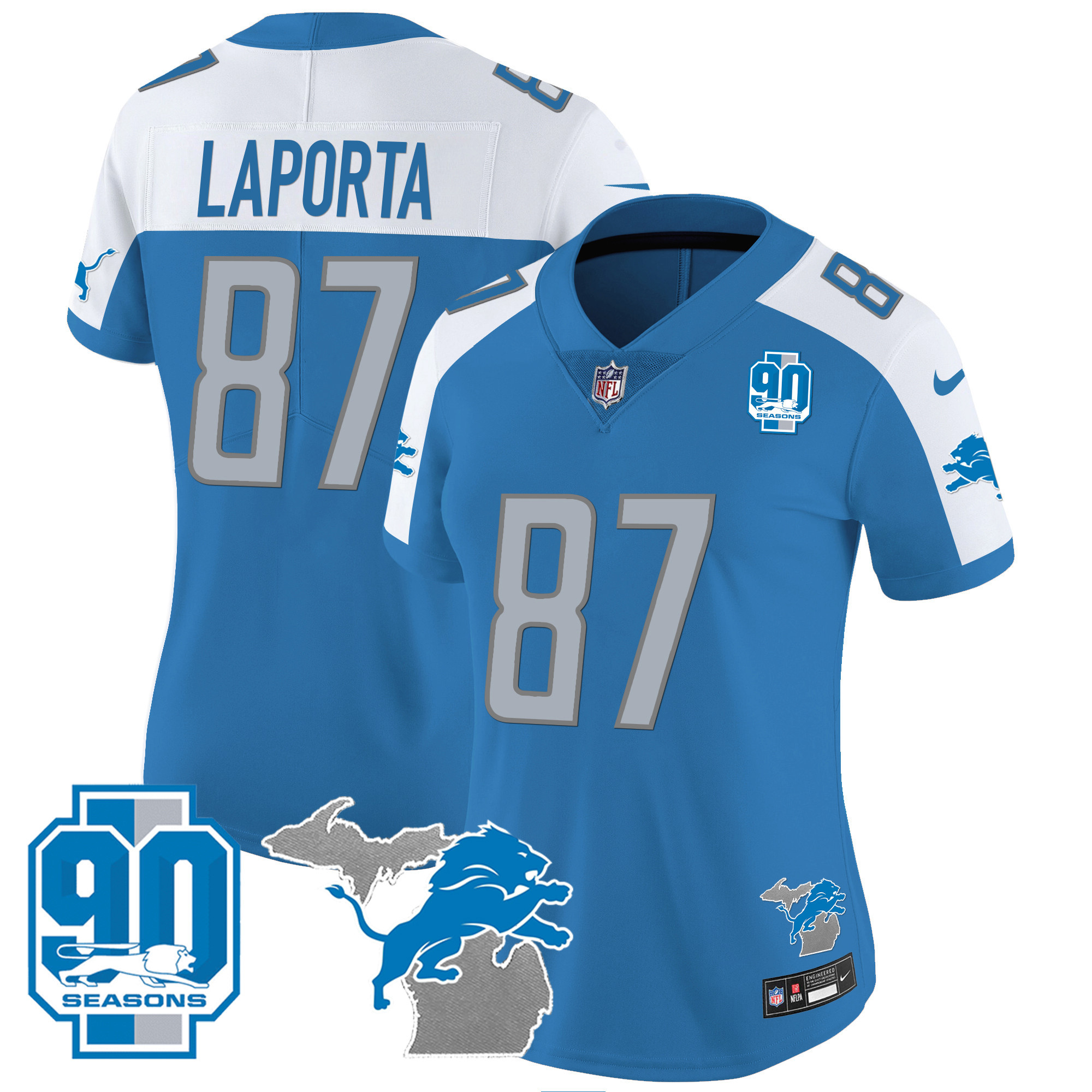 Women's Detroit Lions 90th Year & Michigan Patch Vapor Jersey - All Stitched - Image 12